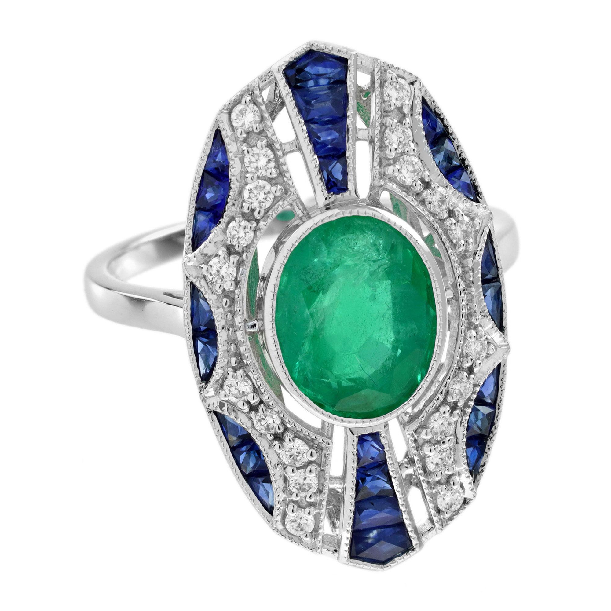 Make a bold statement with this Art Deco style dinner ring, featuring a vivid oval emerald at the center. Surrounded by a sparkling diamonds and delicately accented with deep blue sapphires. The design blends rich color and vintage elegance in