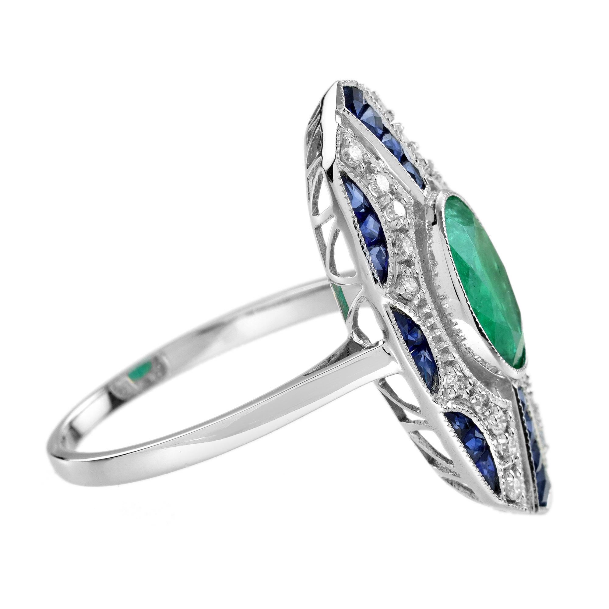 Oval Cut 2.20 Ct. Emerald  Sapphire and Diamond  Art Deco Style Dinner Ring in 18K Gold For Sale