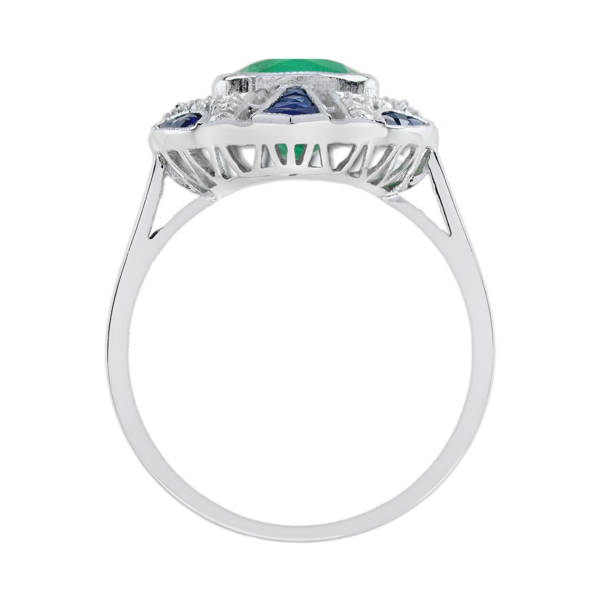 Women's 2.20 Ct. Emerald  Sapphire and Diamond  Art Deco Style Dinner Ring in 18K Gold For Sale