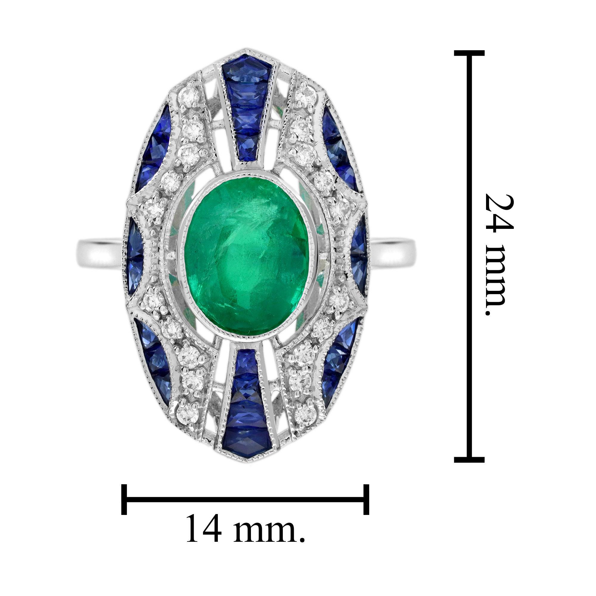 2.20 Ct. Emerald  Sapphire and Diamond  Art Deco Style Dinner Ring in 18K Gold For Sale 1