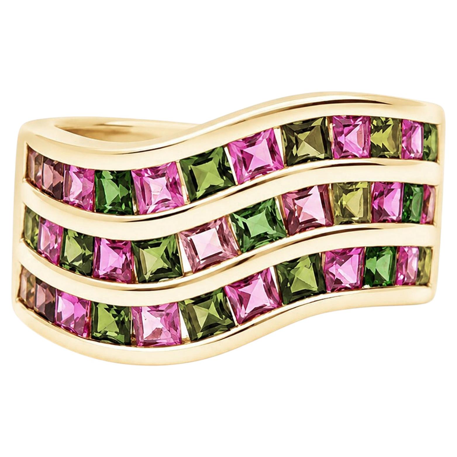 2.20 Ct Natural Tourmaline Mens Band 14K Yellow Gold Multi Tourmaline Ring