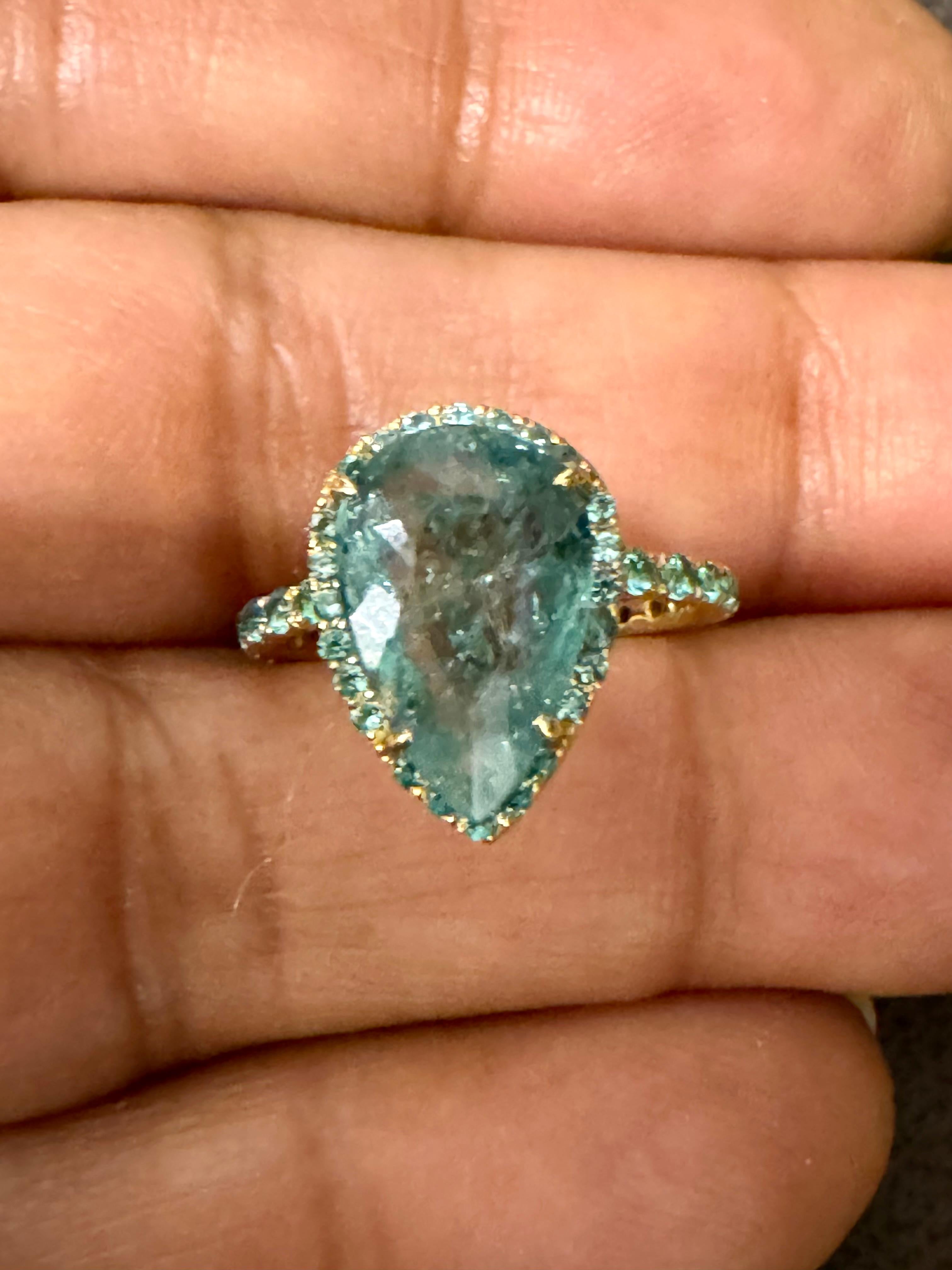 2.20 Ct Pear Shape Pariba Tourmaline Ring in  Or 18 K Taille 3.5 en vente 5
