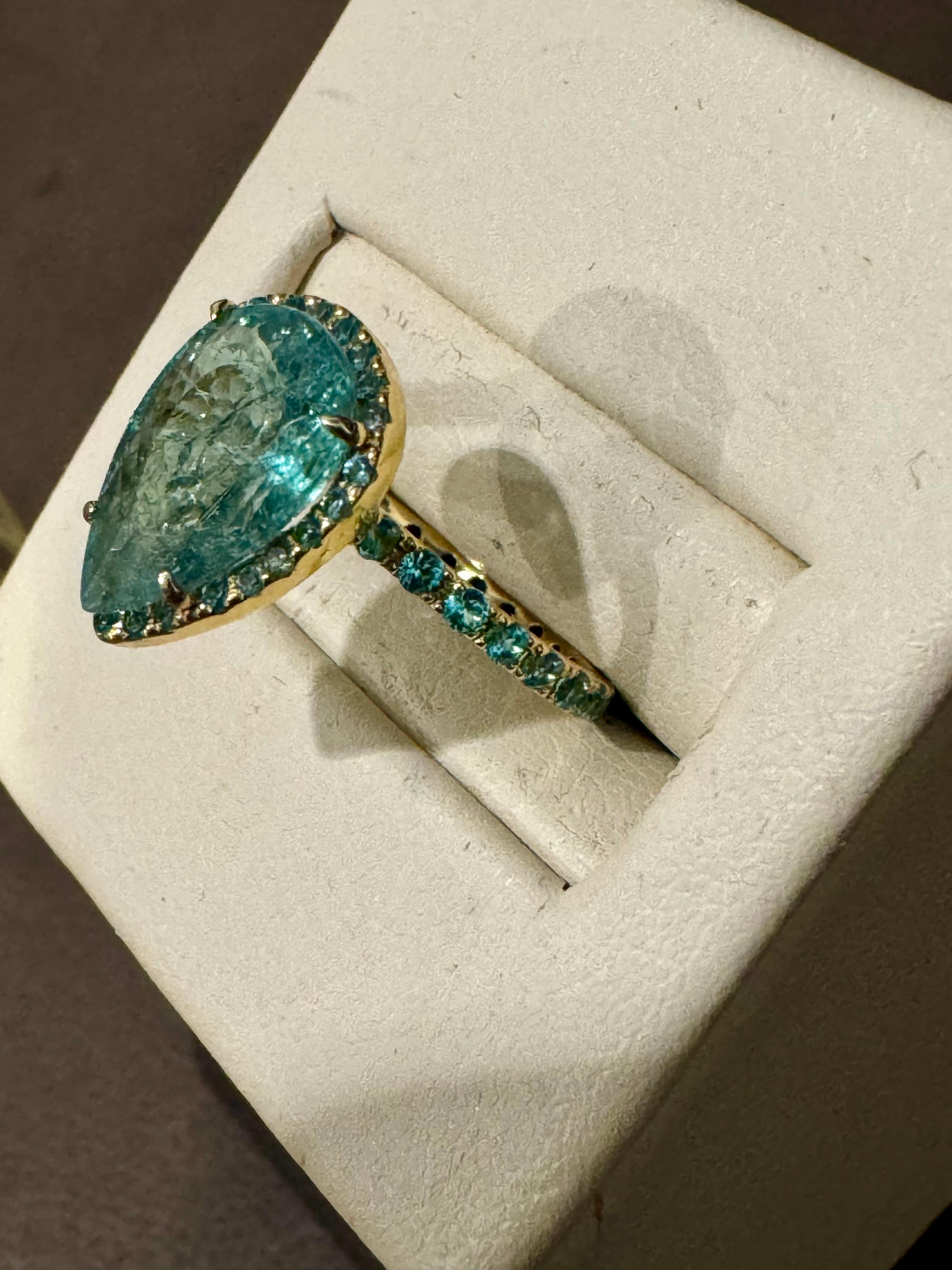 2.20 Ct Pear Shape Pariba Tourmaline Ring in  Or 18 K Taille 3.5 en vente 8