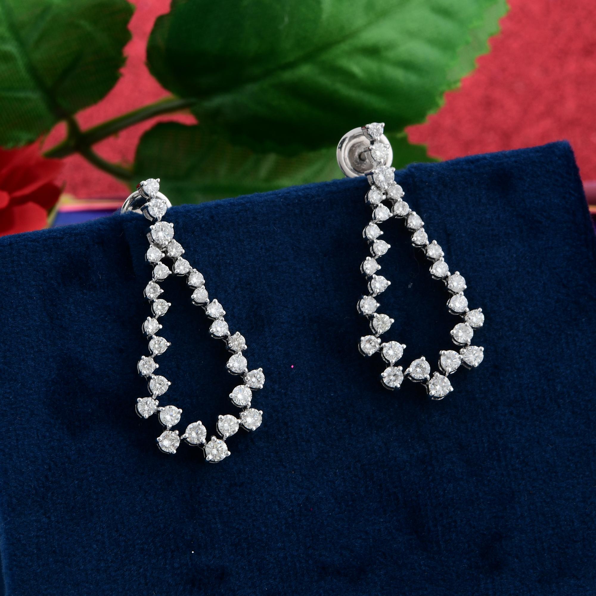 Round Cut 2.20 Ct SI Clarity HI Color Diamond Dangle Earrings 18 Karat White Gold Jewelry For Sale