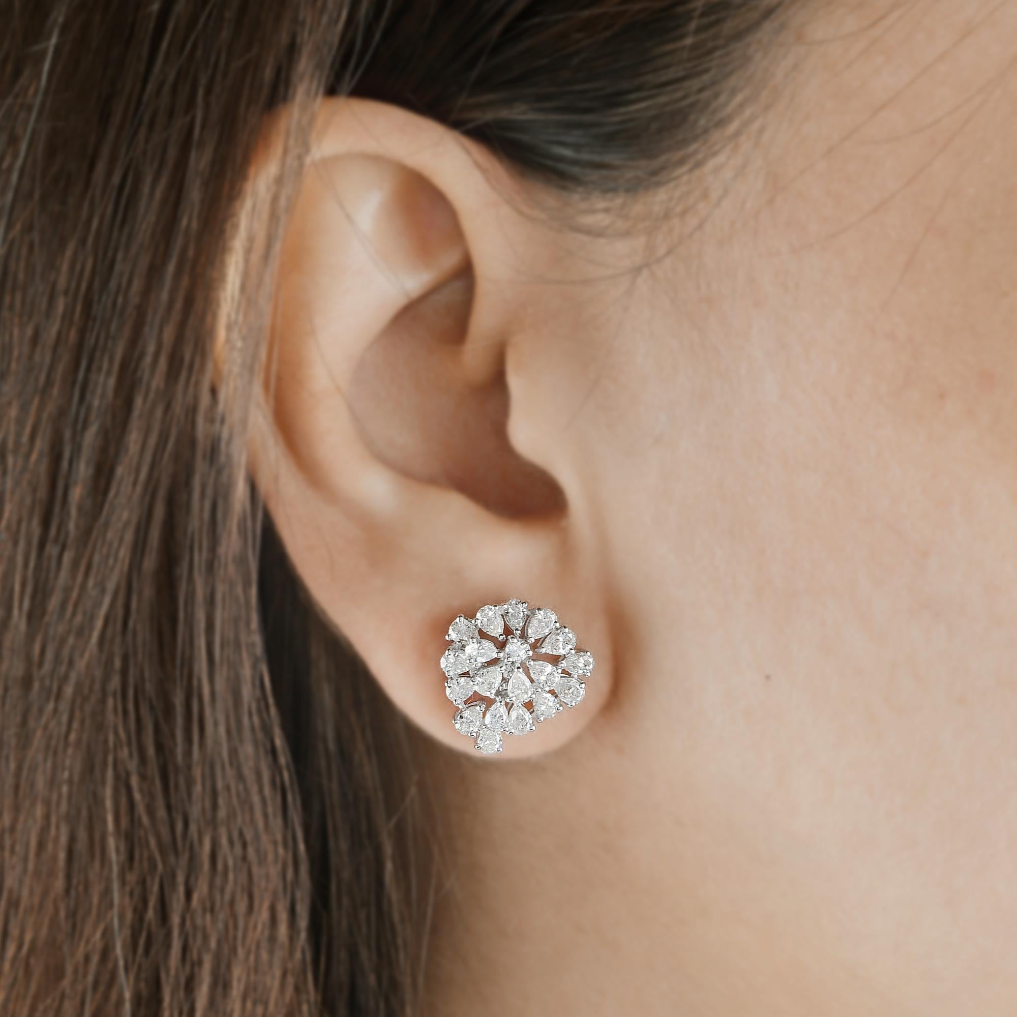 Pear Cut 2.20 Ct SI Clarity HI Color Pear Round Diamond Stud Earrings 18 Karat White Gold For Sale