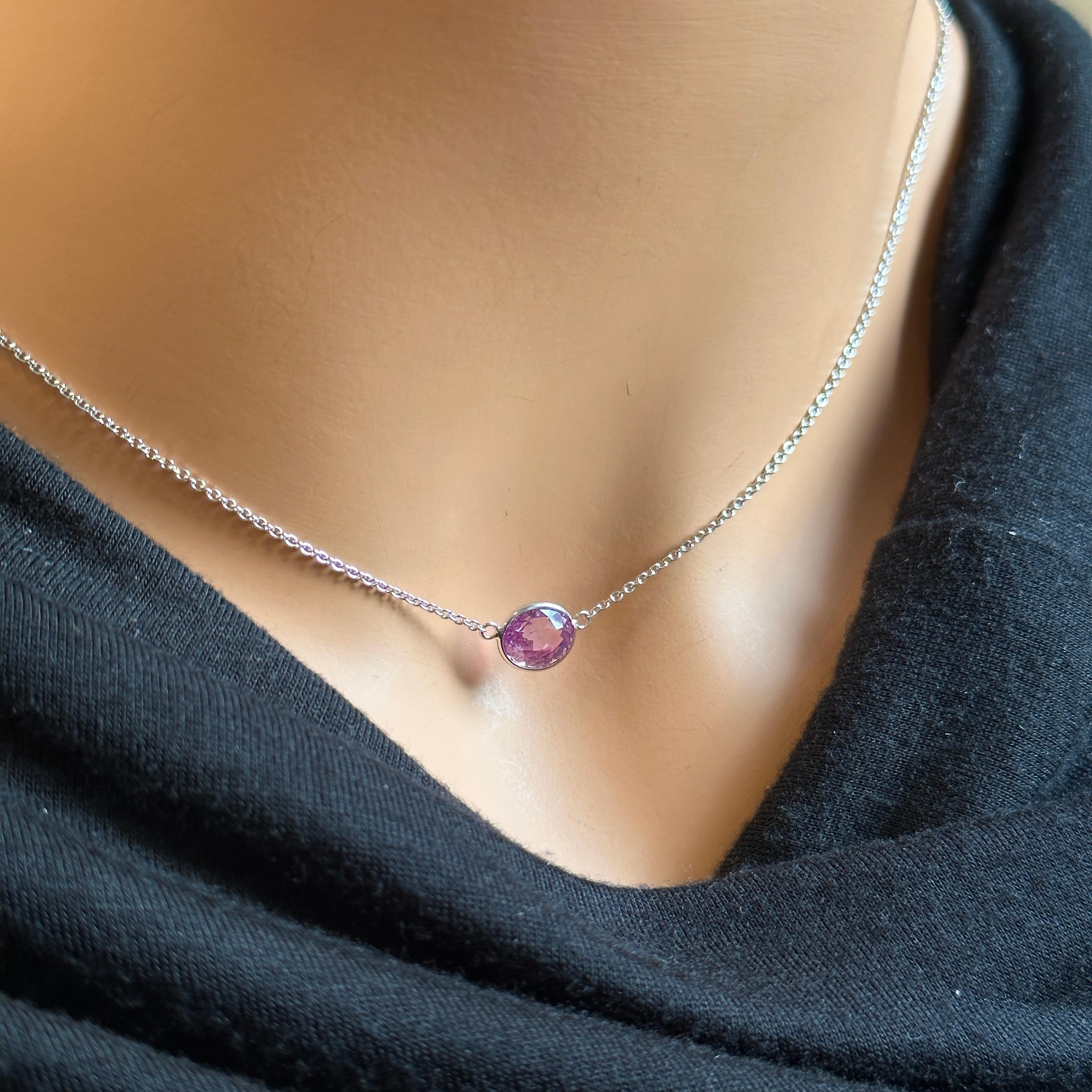 Contemporary 2.20ct Certified Purple Sapphire Oval Cut Solitaire Necklace in 14k WG For Sale