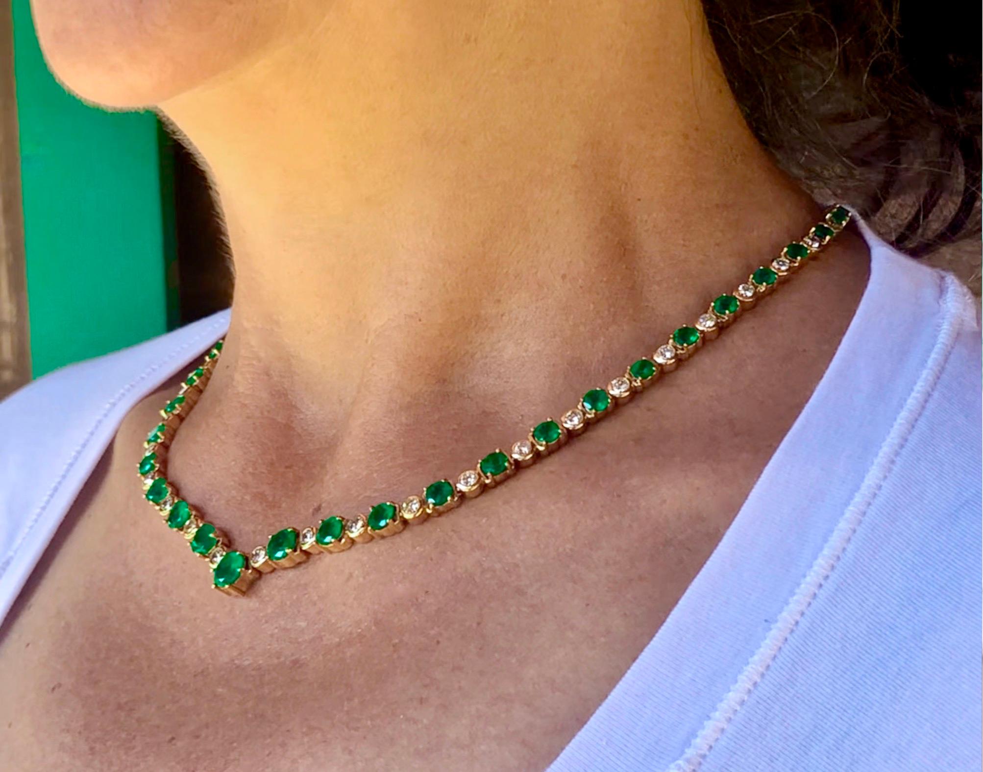 Four Prongs And Bezel Set 18k Yellow Gold Graduated Brilliant Round Cut Diamonds And Colombian Natural Emerald Tennis Necklaces. The Necklace Weighs Over 22.00ctw. This Necklace Has  59 Natural Emeralds Over 17.00 Carats That Graduate. The