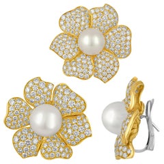 22,00 Karat Diamant Südseeperle Gold Blume Ohrringe und Pin Set