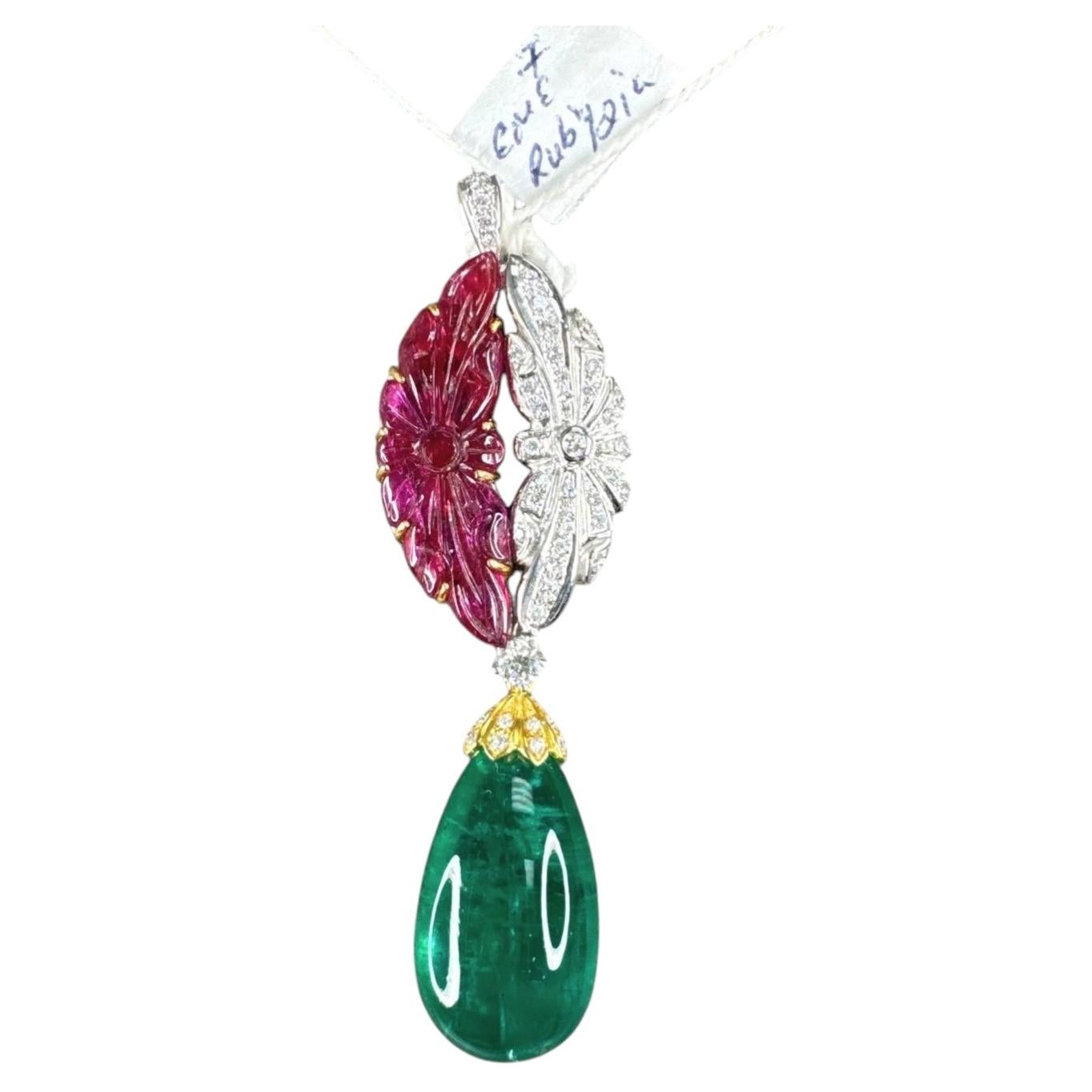 22.00 ctw Vintage Style Emerald, Ruby & Diamond Drop Pendant 18K Yellow Gold