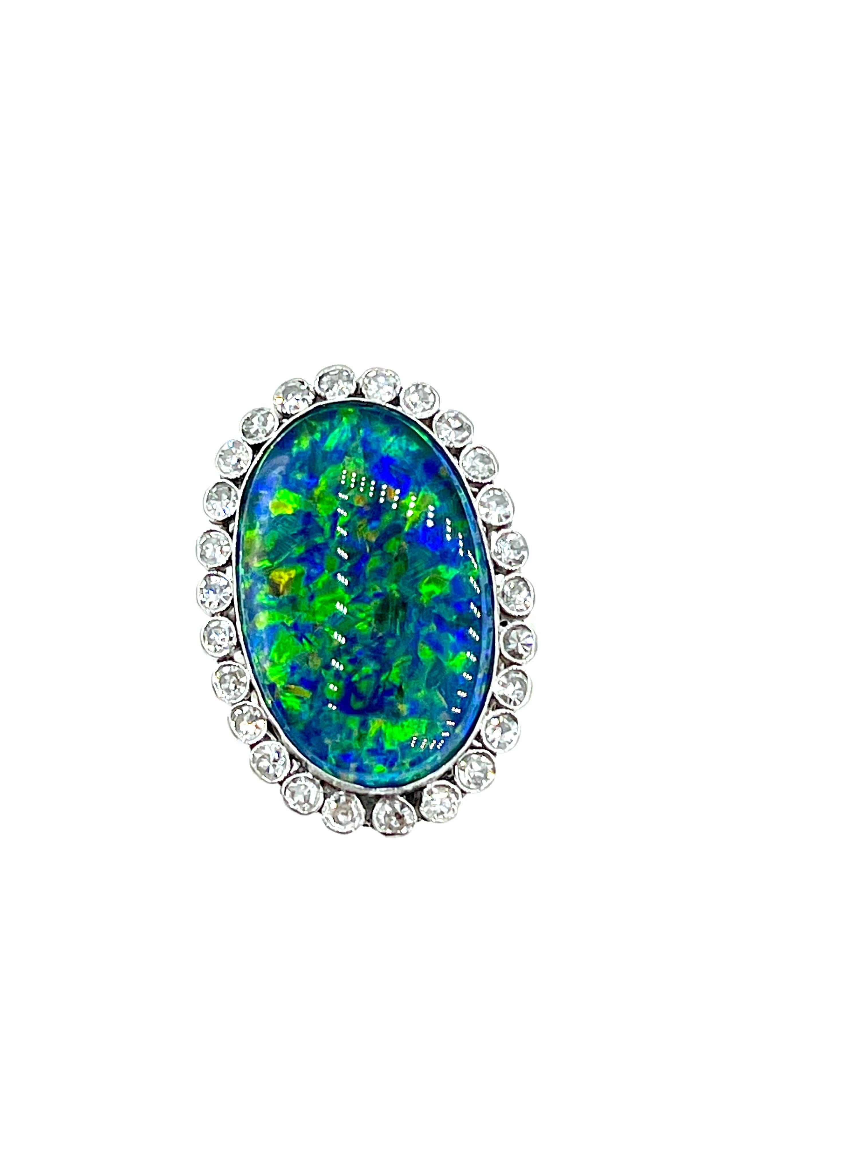 22.00 x 14.00mm Black Opal Triplet and Single Cut Diamond White Gold Ring In Excellent Condition In Chevy Chase, MD