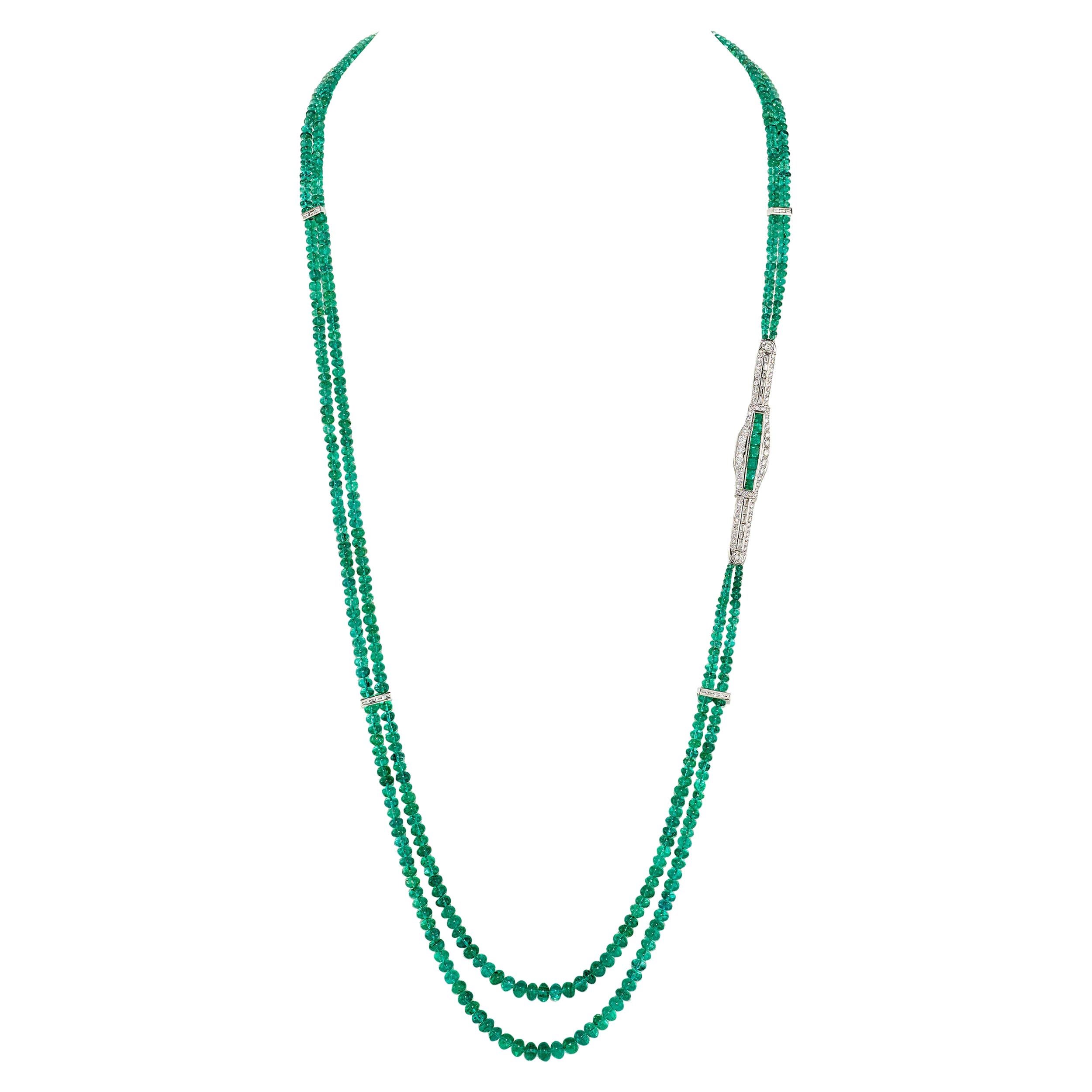 220.31 Carat Rondelle Emerald Necklace with Emeralds and Diamonds in Platinum