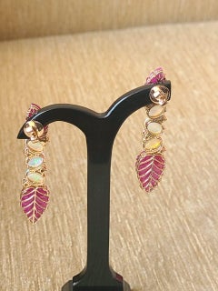 22.04 Carats, Carved Ruby, Ethiopian Opal & Diamonds Chandelier/Dangle Earrings