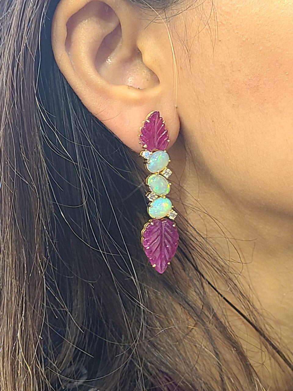 22.04 Carats, Carved Ruby, Ethiopian Opal & Diamonds Chandelier/Dangle Earrings In New Condition For Sale In Hong Kong, HK