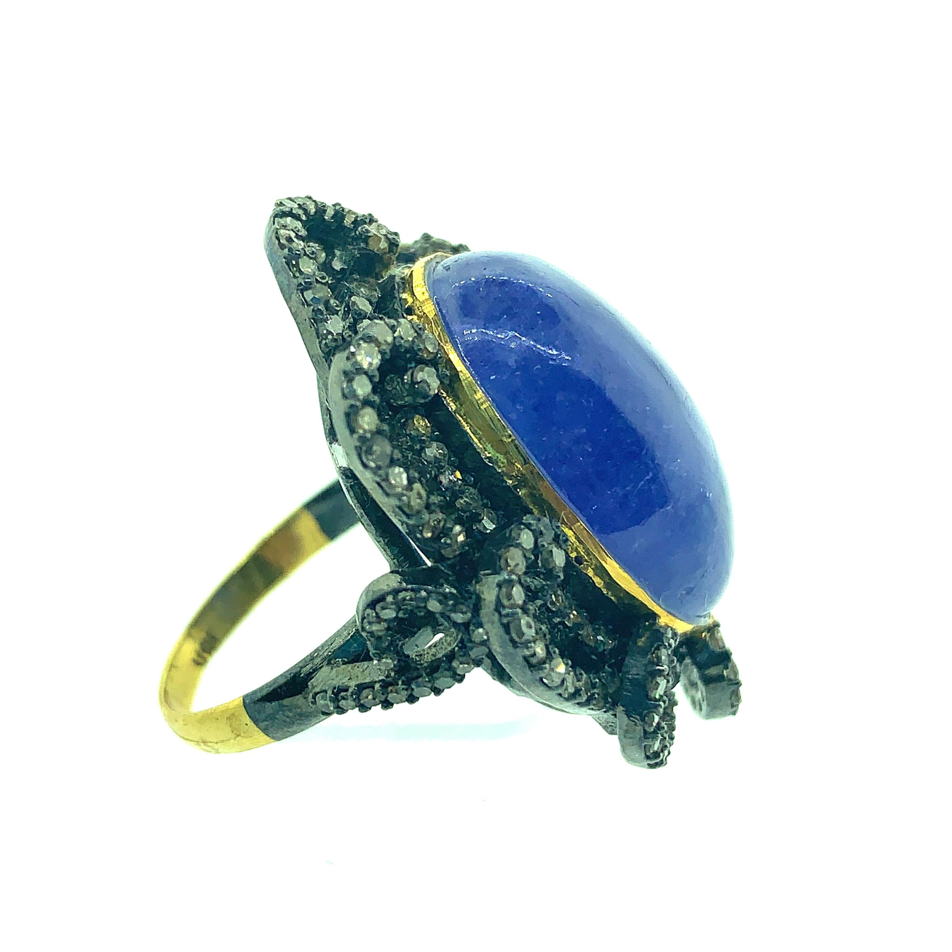 Contemporary 22.05 Carat Tanzanite Diamond Ring in Oxidized Sterling Silver, 18 Karat Gold For Sale