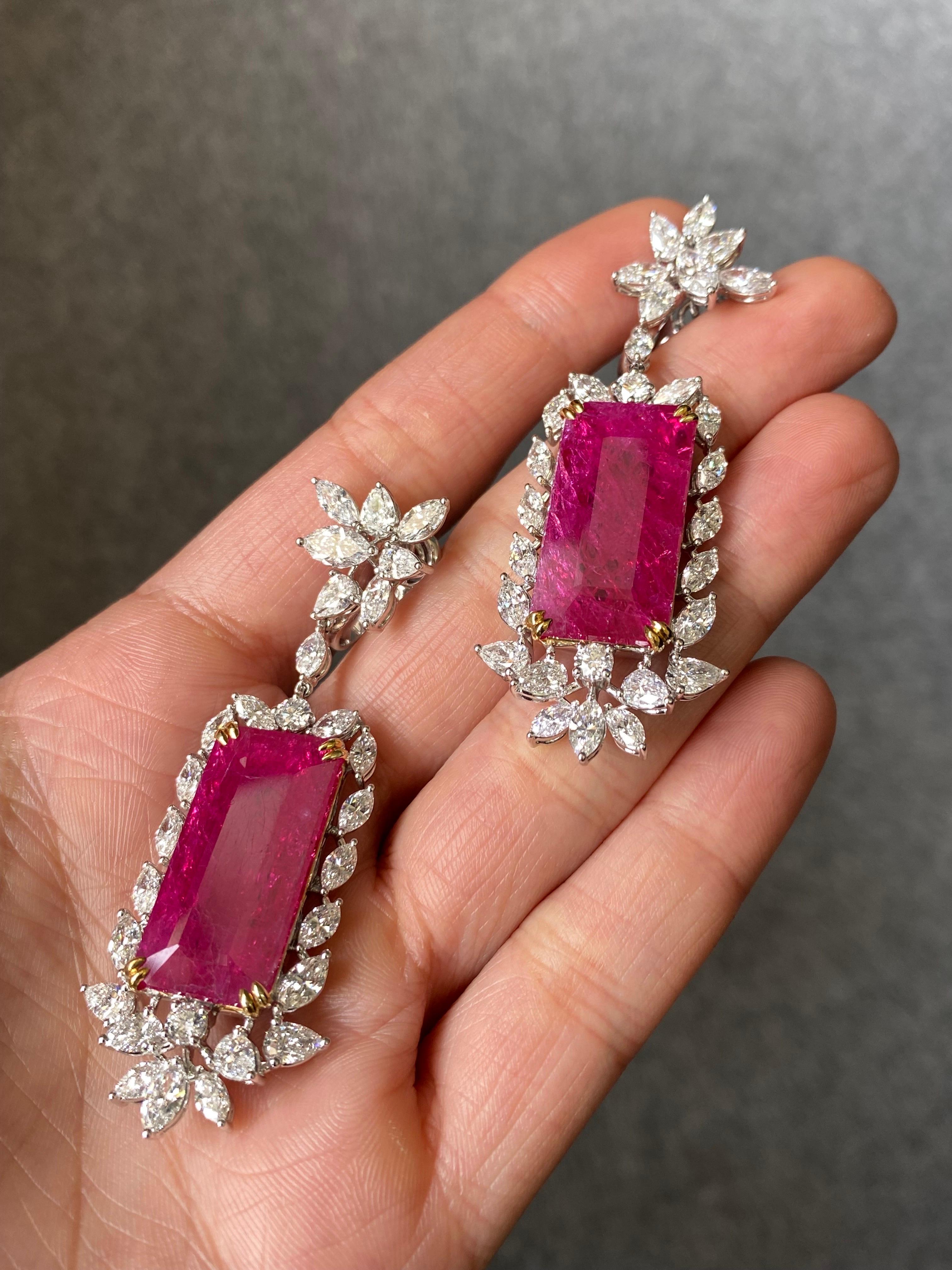 Art Deco 22.07 Carat Natural No Heat Mozambique Ruby and Diamond Dangle Earrings For Sale