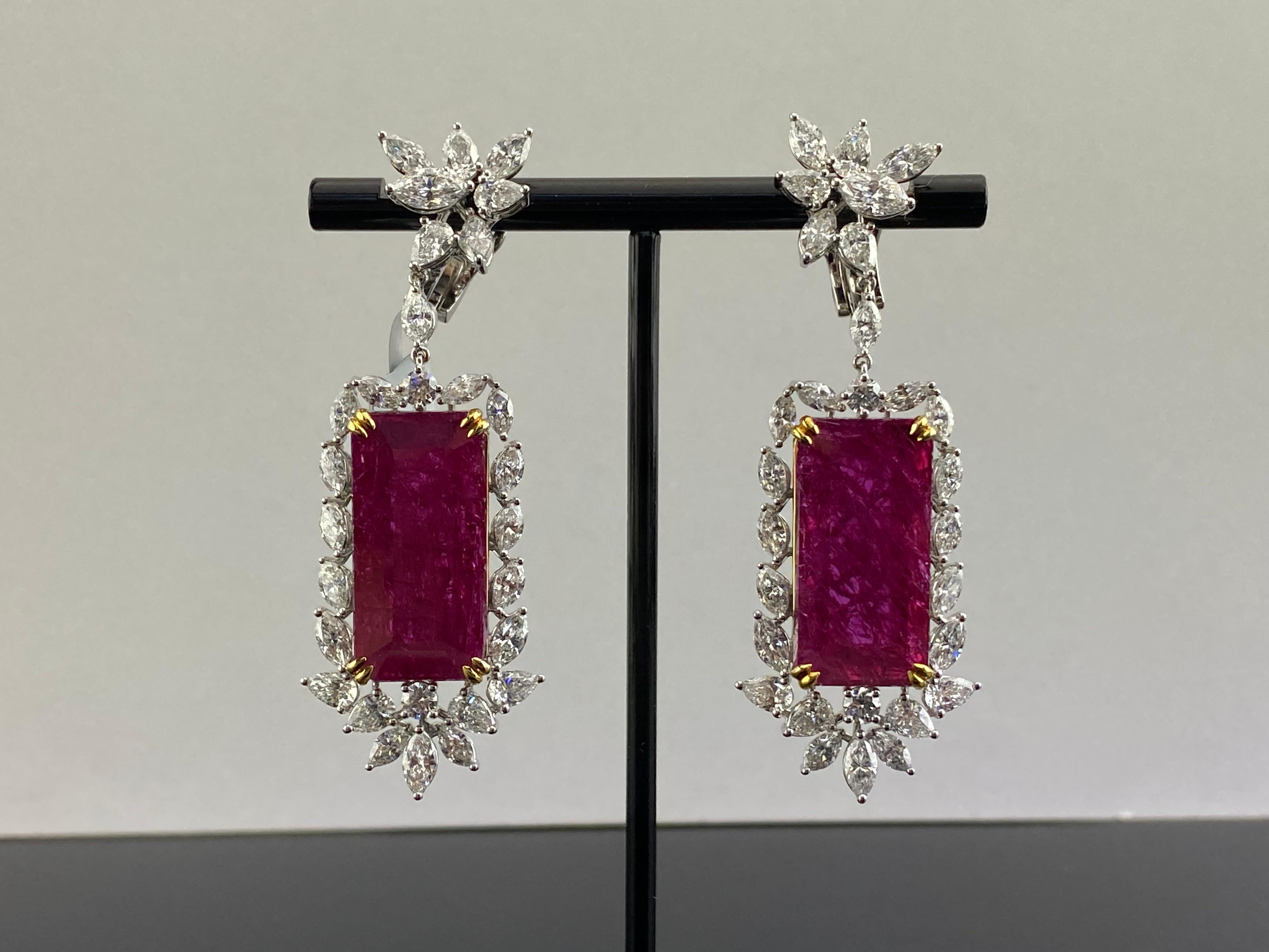 Emerald Cut 22.07 Carat Natural No Heat Mozambique Ruby and Diamond Dangle Earrings For Sale