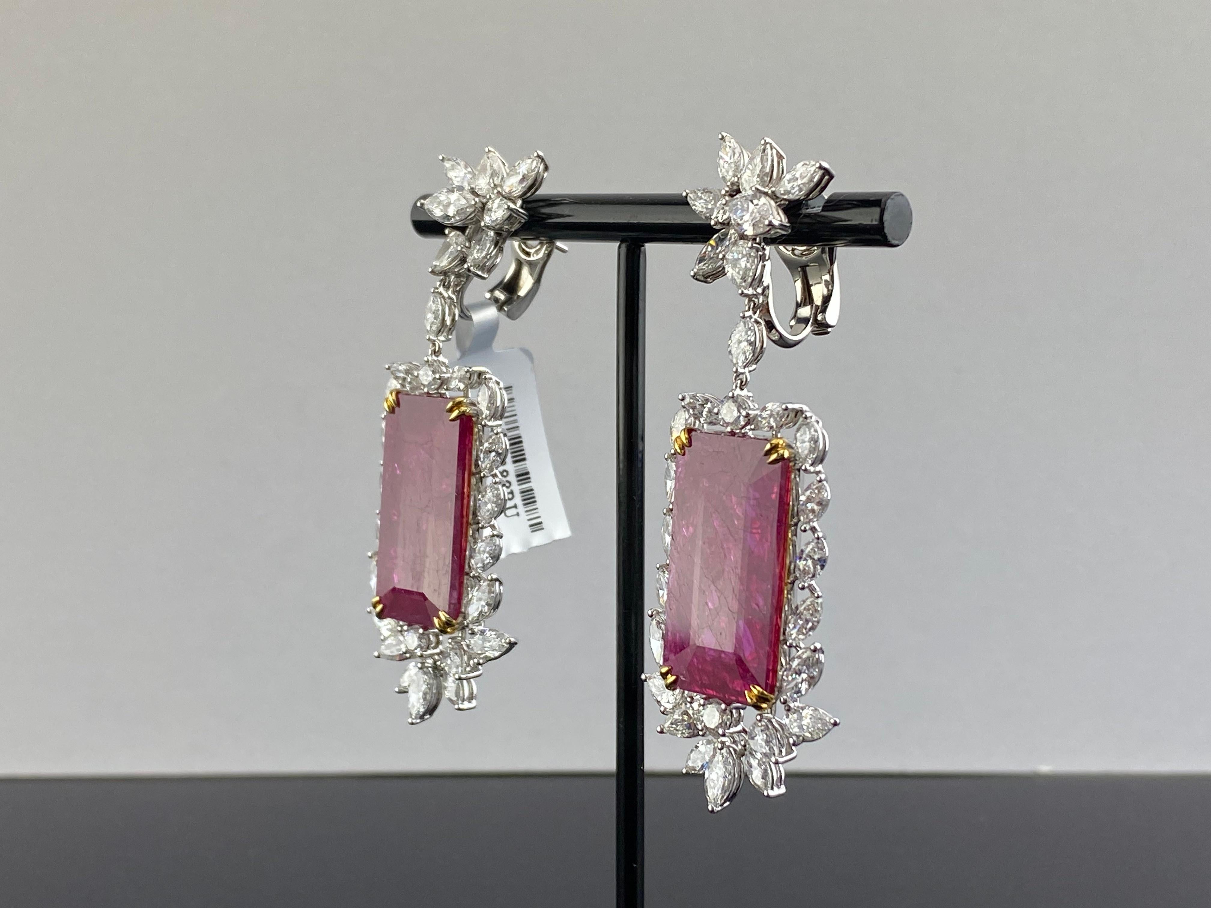 22.07 Carat Natural No Heat Mozambique Ruby and Diamond Dangle Earrings In New Condition For Sale In Bangkok, Thailand