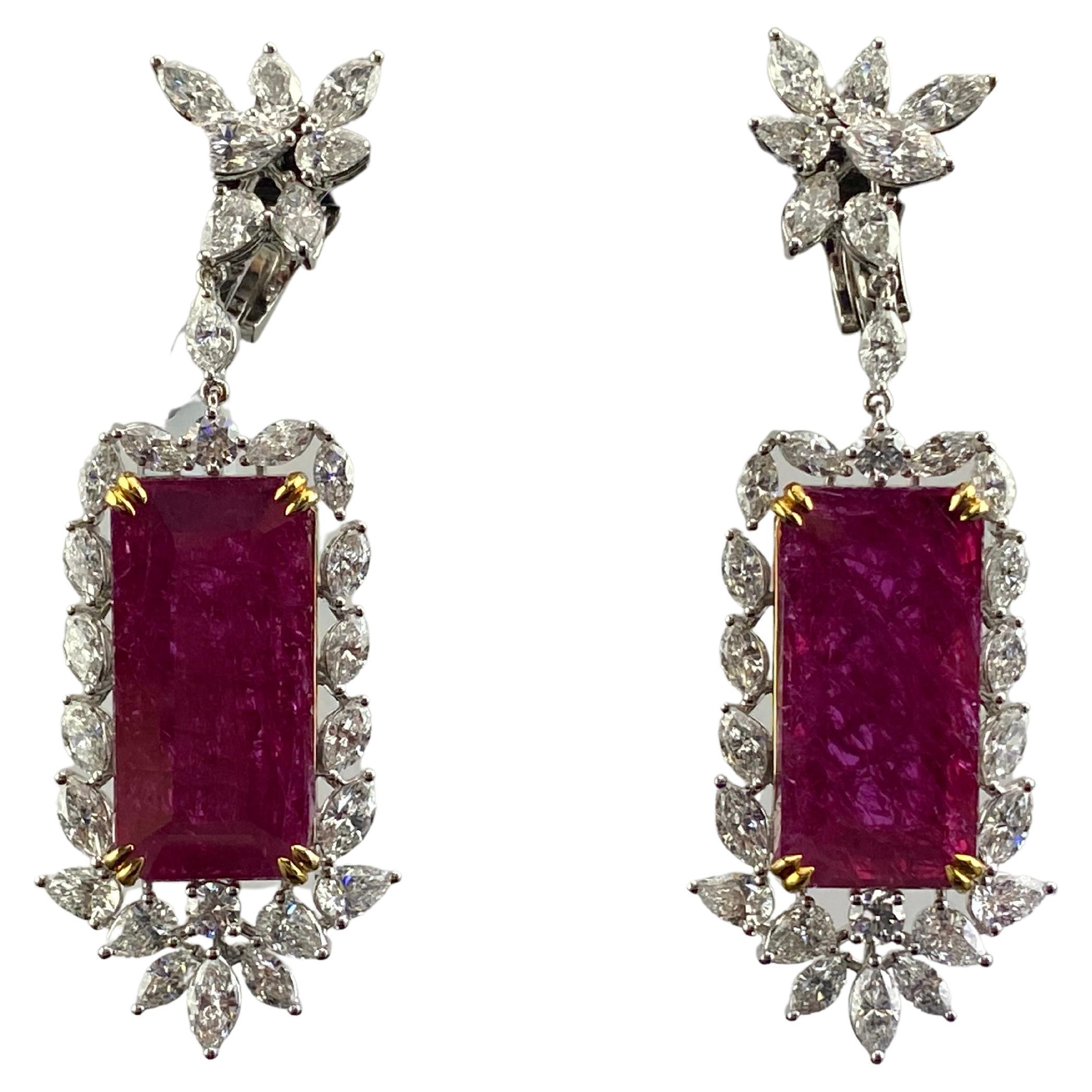 22.07 Carat Natural No Heat Mozambique Ruby and Diamond Dangle Earrings For Sale
