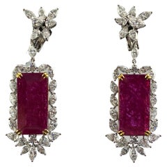 22.07 Carat Natural No Heat Mozambique Ruby and Diamond Dangle Earrings