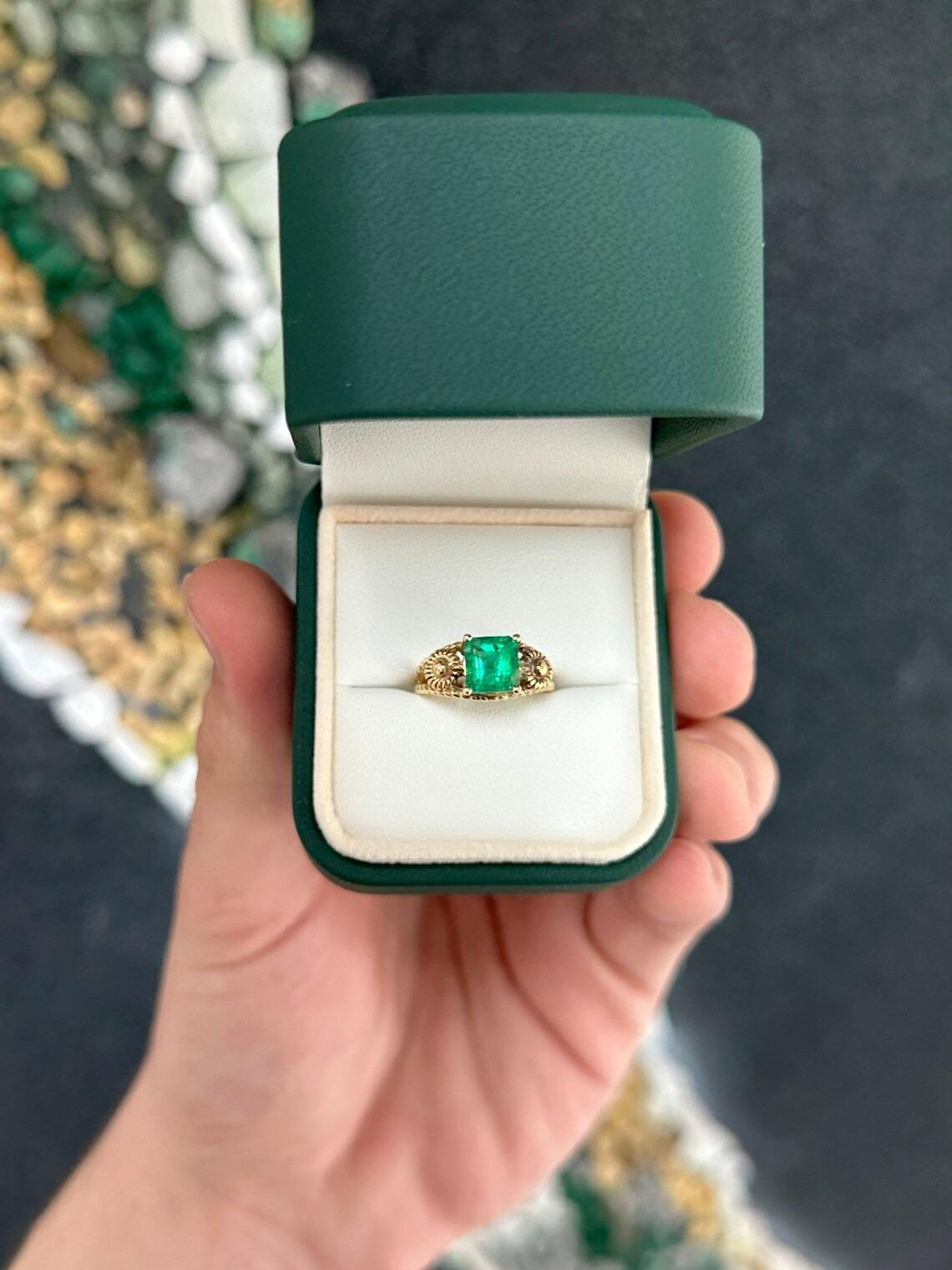Art Nouveau 2.20ct 14K Vintage Inspired Vivid Asscher Cut Colombian Emerald Solitaire Ring For Sale