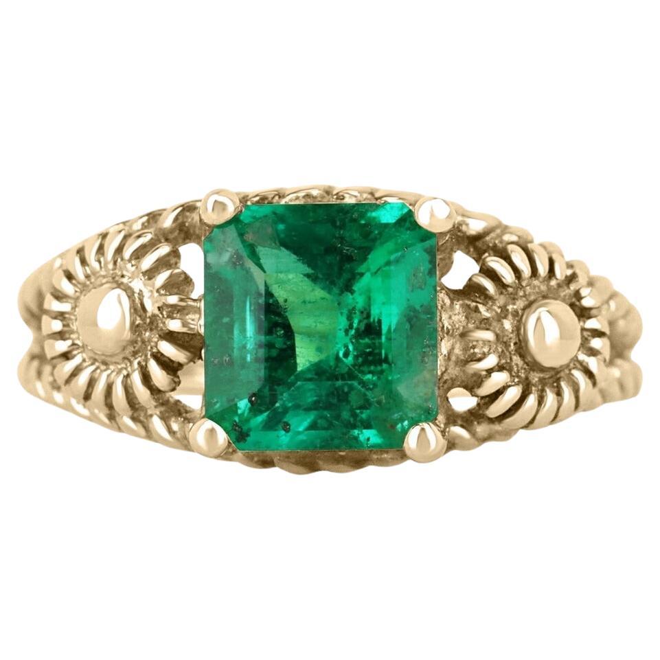 2.20ct 14K Vintage Inspired Vivid Asscher Cut Colombian Emerald Solitaire Ring For Sale