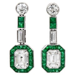  2.20ct Emerald Cut Diamond Emerald Platinum Halo Dangle Earrings