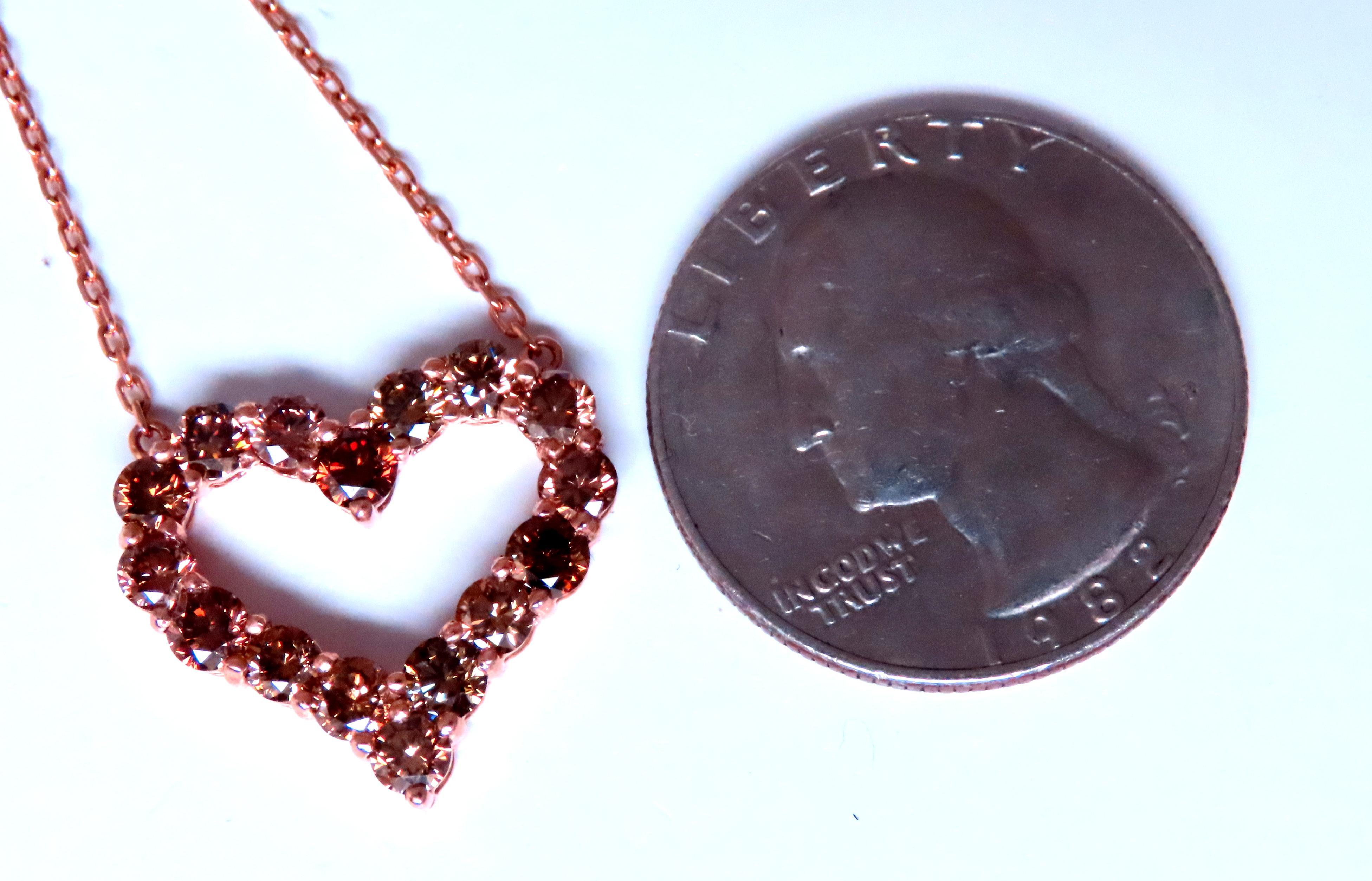 Round Cut 2.20ct Natural Fancy Brown Diamonds Heart Necklace 14kt Gold 12396 For Sale