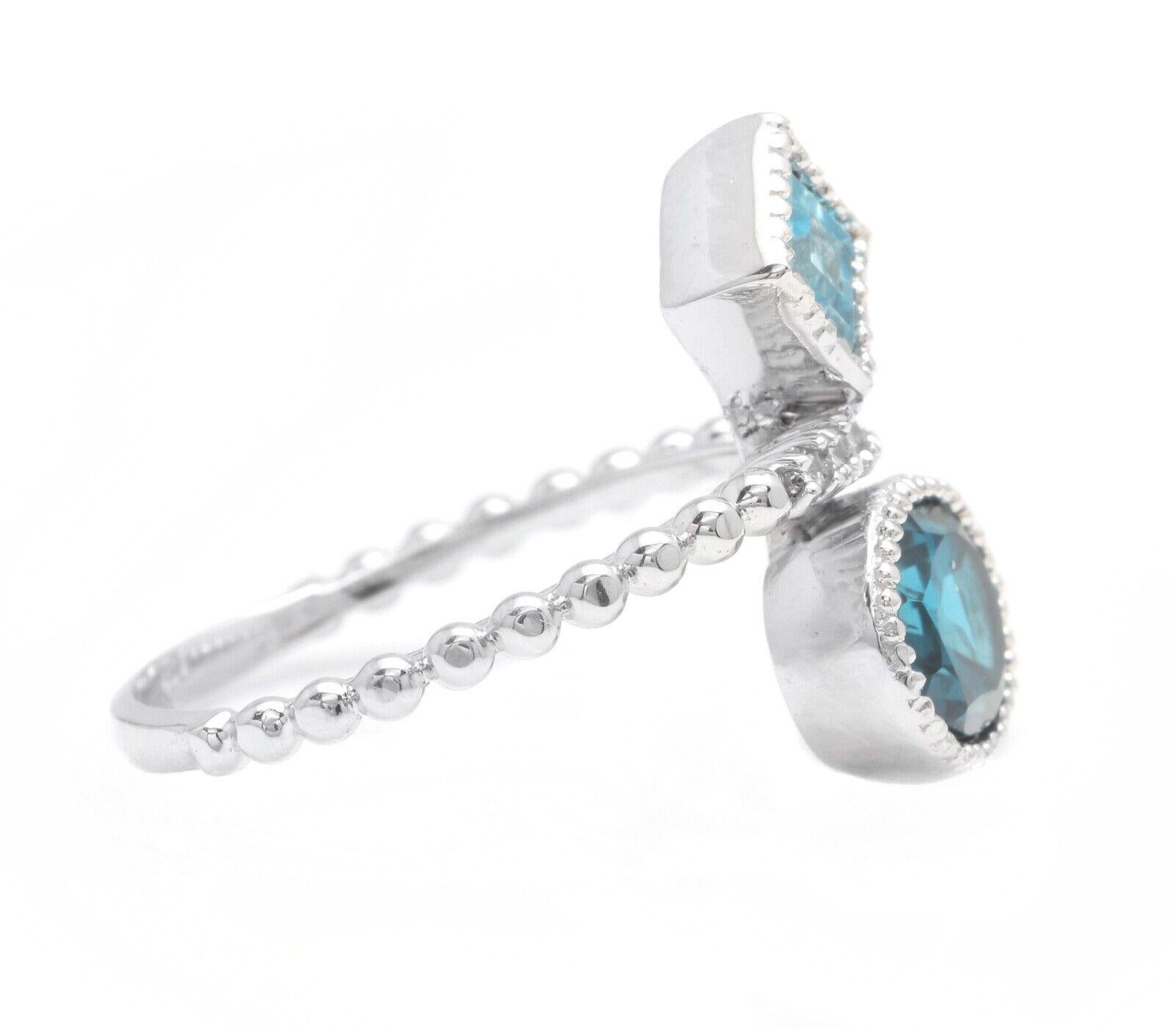 Mixed Cut 2.20Ct Natural London & Swiss Blue Topaz and Diamond 14K Solid White Gold Ring For Sale