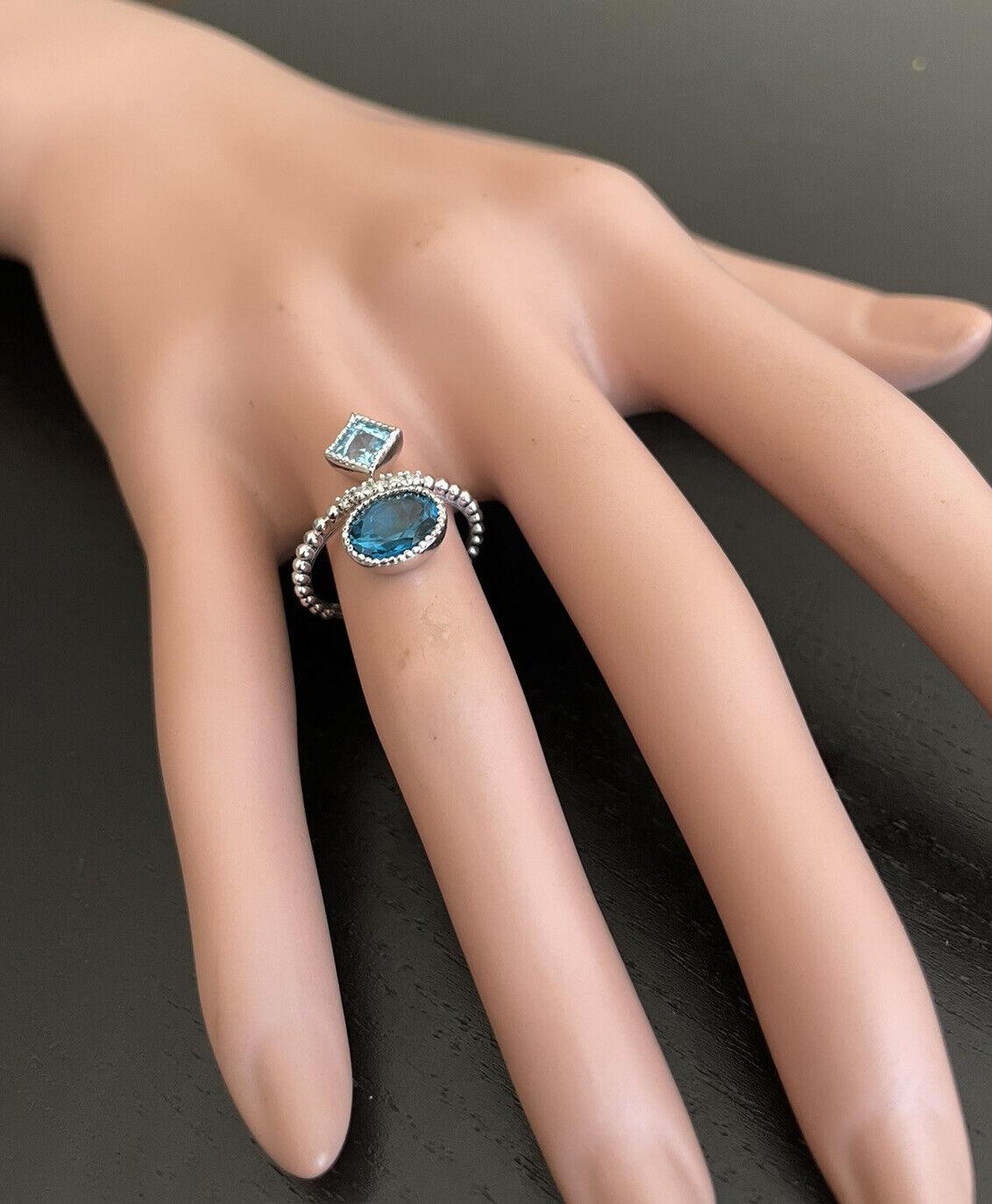 2.20Ct Natural London & Swiss Blue Topaz and Diamond 14K Solid White Gold Ring For Sale 2