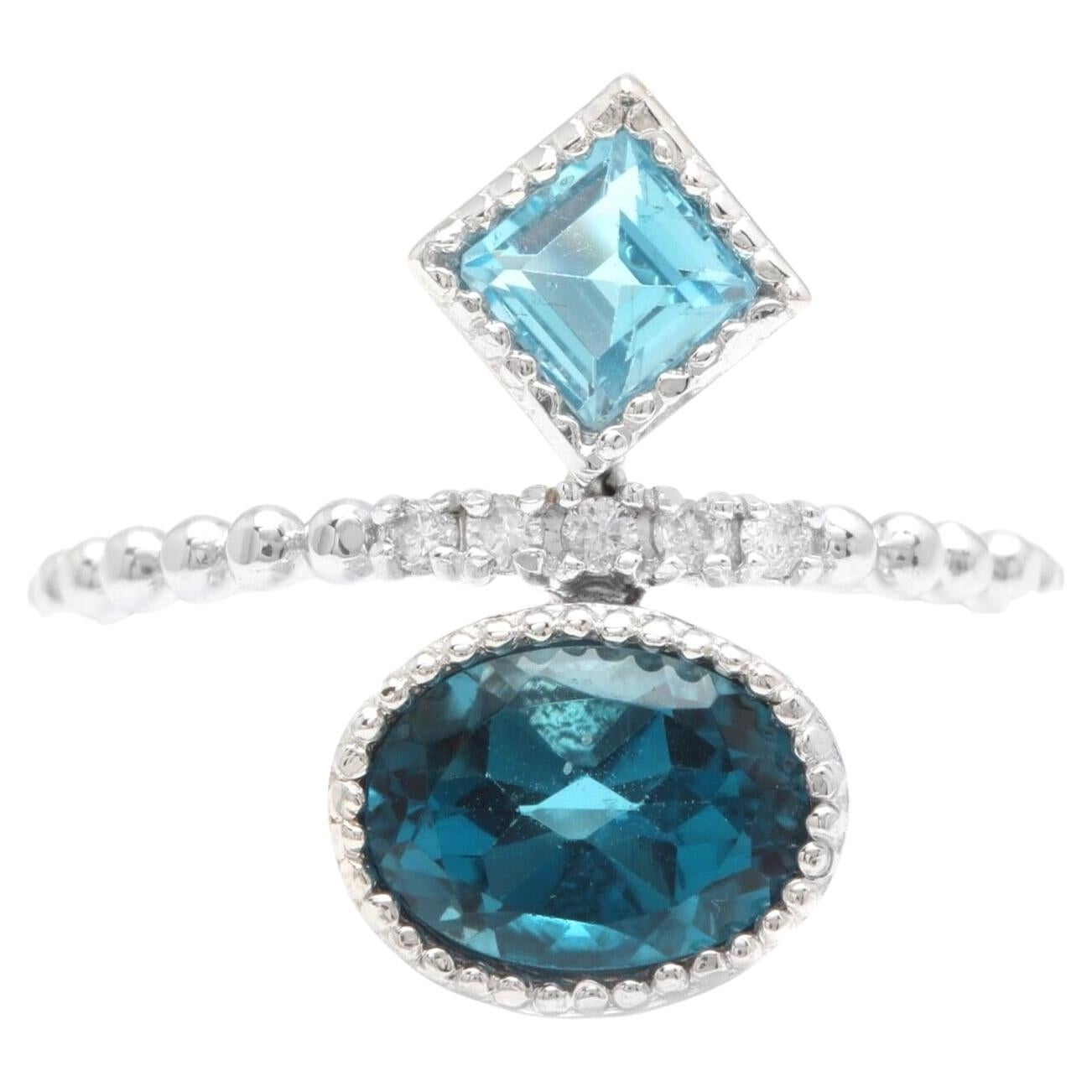 2.20Ct Natural London & Swiss Blue Topaz and Diamond 14K Solid White Gold Ring For Sale