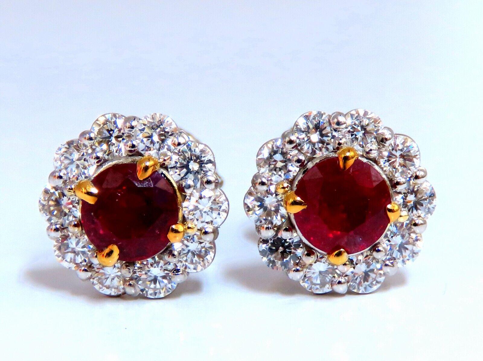 1.20ct natural round ruby diamond cluster earrings

4.9mm ruby, clean clarity transparent.

Heated.

1.20ct. Natural diamonds  

 Rounds, Full cut brilliants.

G- color Vs-2 Clarity. 

Secure push backs

Excellent detail.

14kt. white gold

2.9