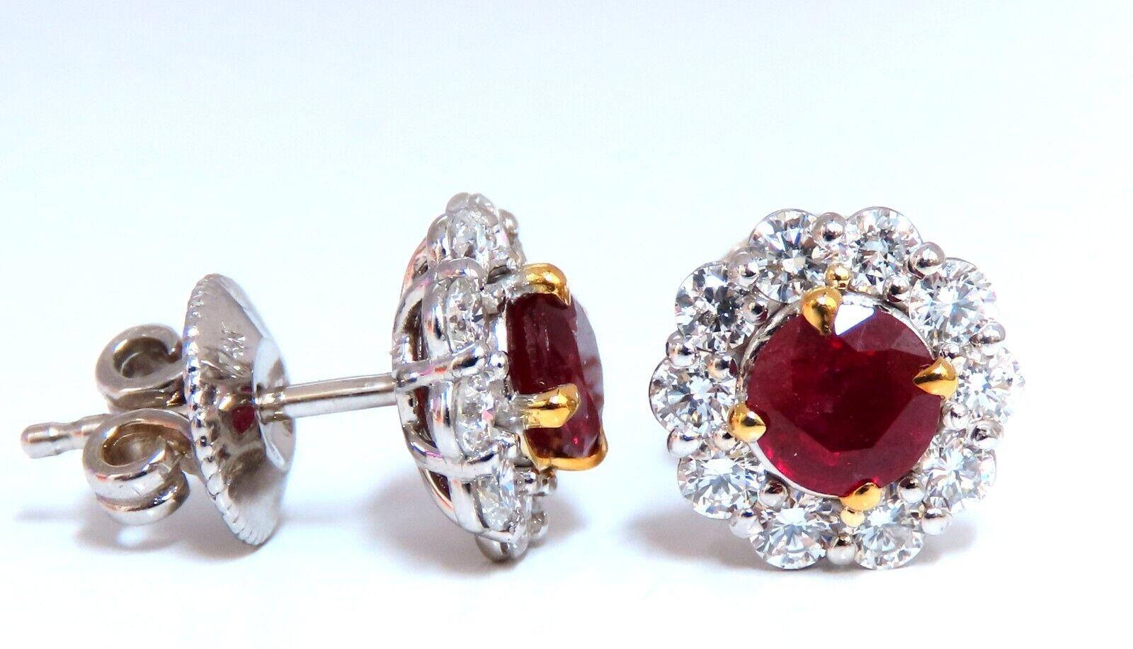 Round Cut 2.20 Carat Natural Ruby Diamond Cluster Stud Earrings 14 Karat For Sale