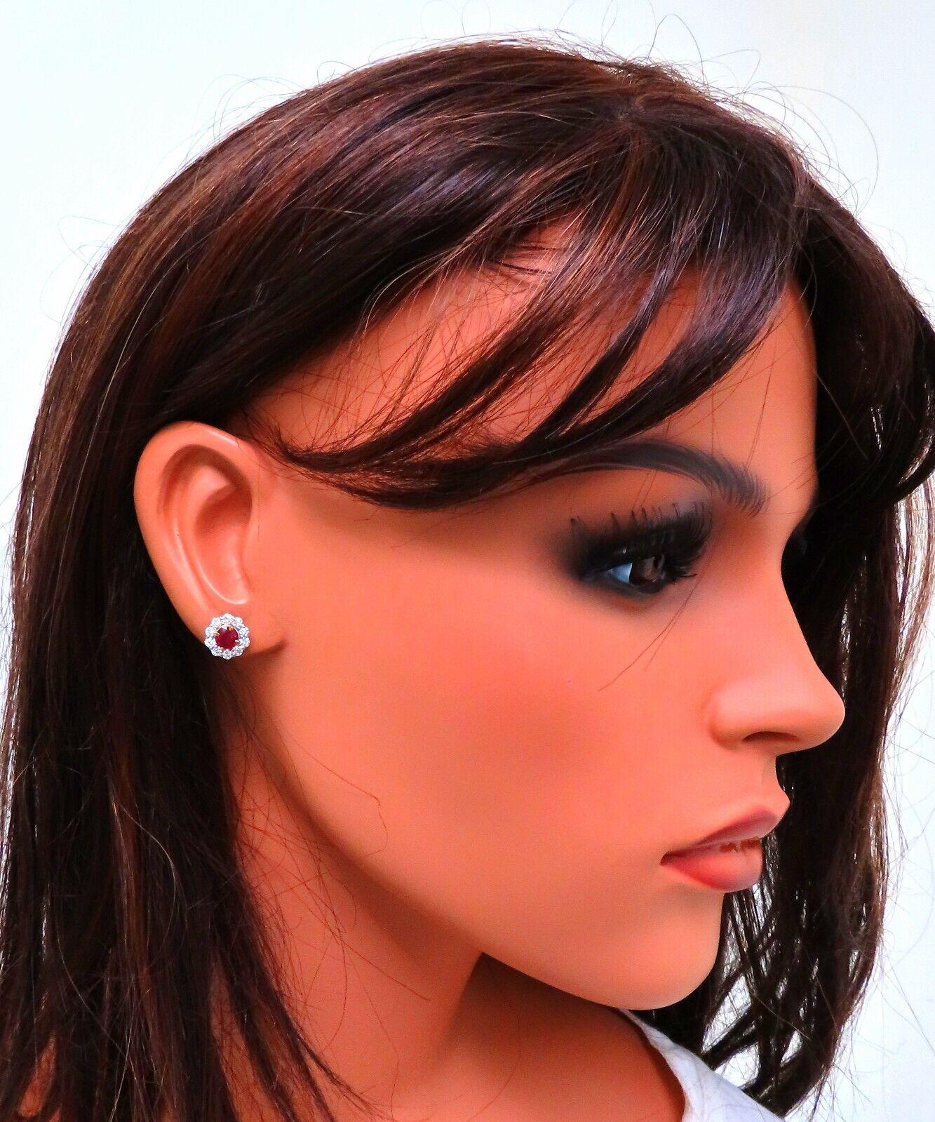 Women's or Men's 2.20 Carat Natural Ruby Diamond Cluster Stud Earrings 14 Karat For Sale