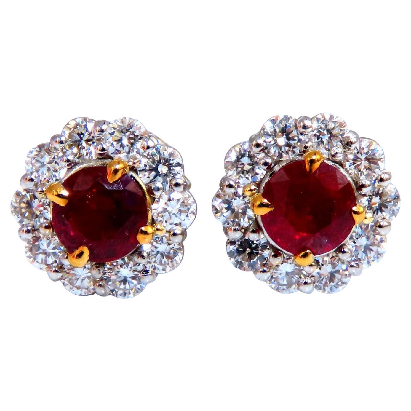 2.20 Carat Natural Ruby Diamond Cluster Stud Earrings 14 Karat For Sale