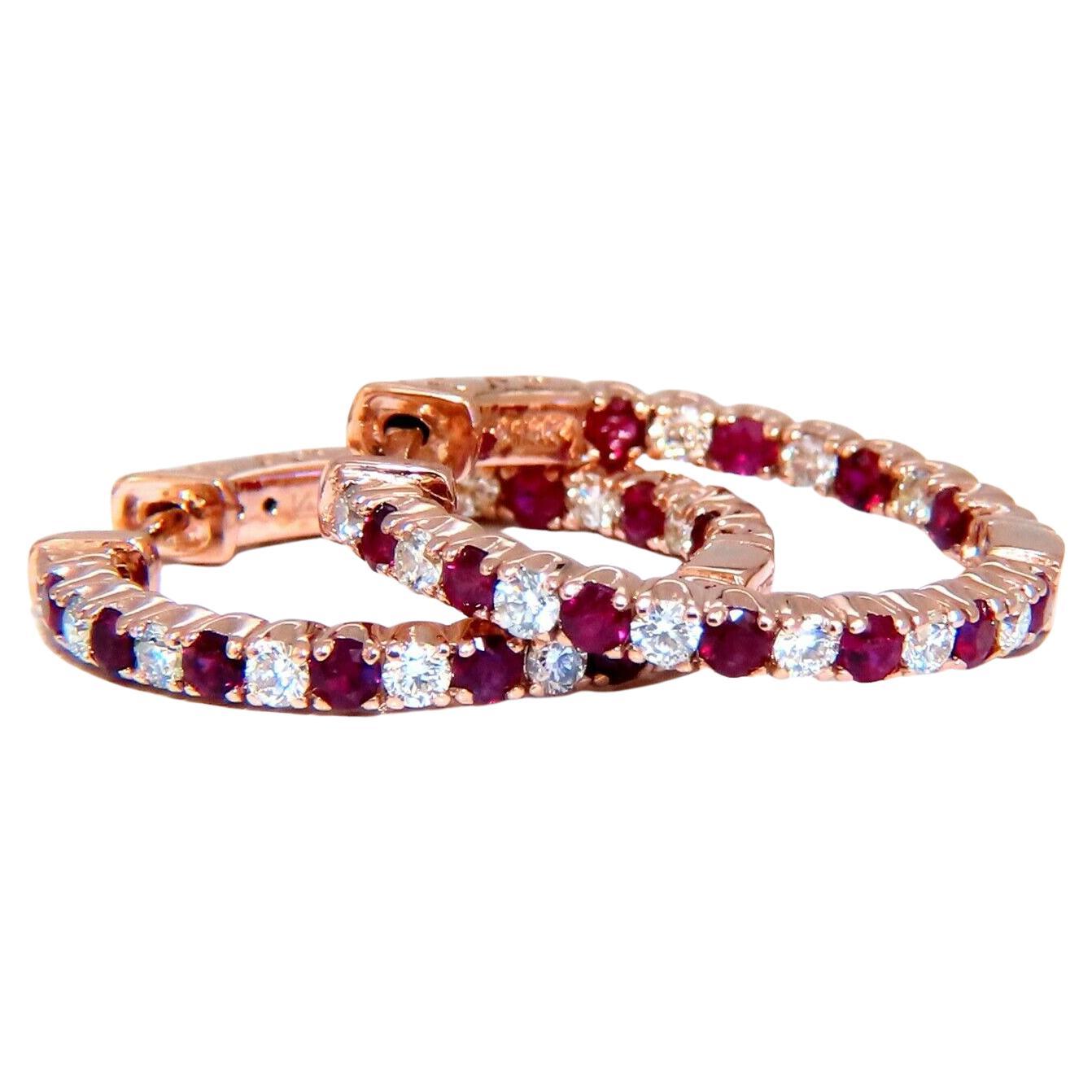 2.20ct Natural Ruby Diamonds Hoop Earrings 14kt Rose Gold Inside Out For Sale