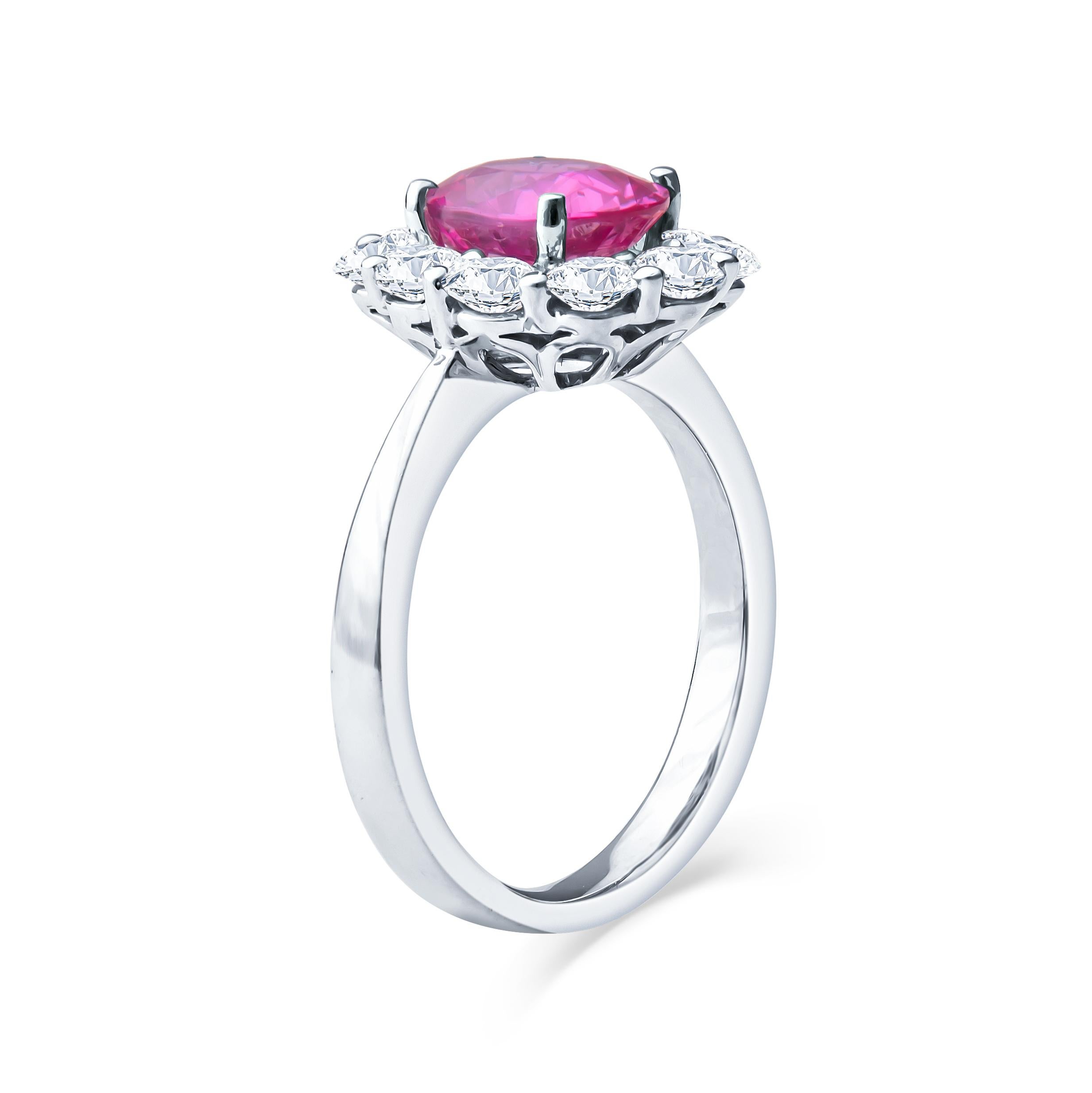 Oval Cut 2.20ct Oval Pink Sapphire with 1.17ctw Round Diamond Halo Floral White Gold Ring