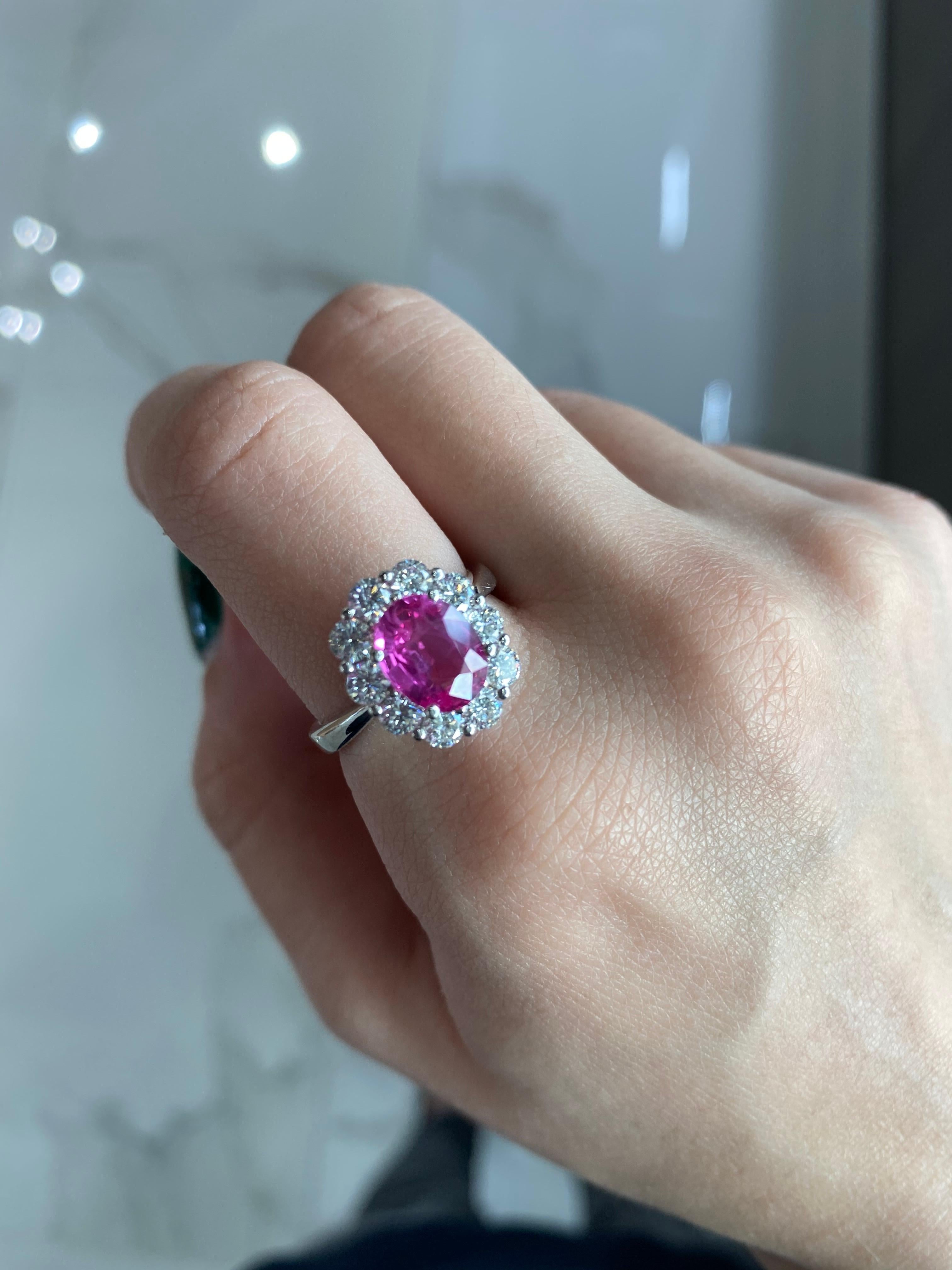 Women's or Men's 2.20ct Oval Pink Sapphire with 1.17ctw Round Diamond Halo Floral White Gold Ring