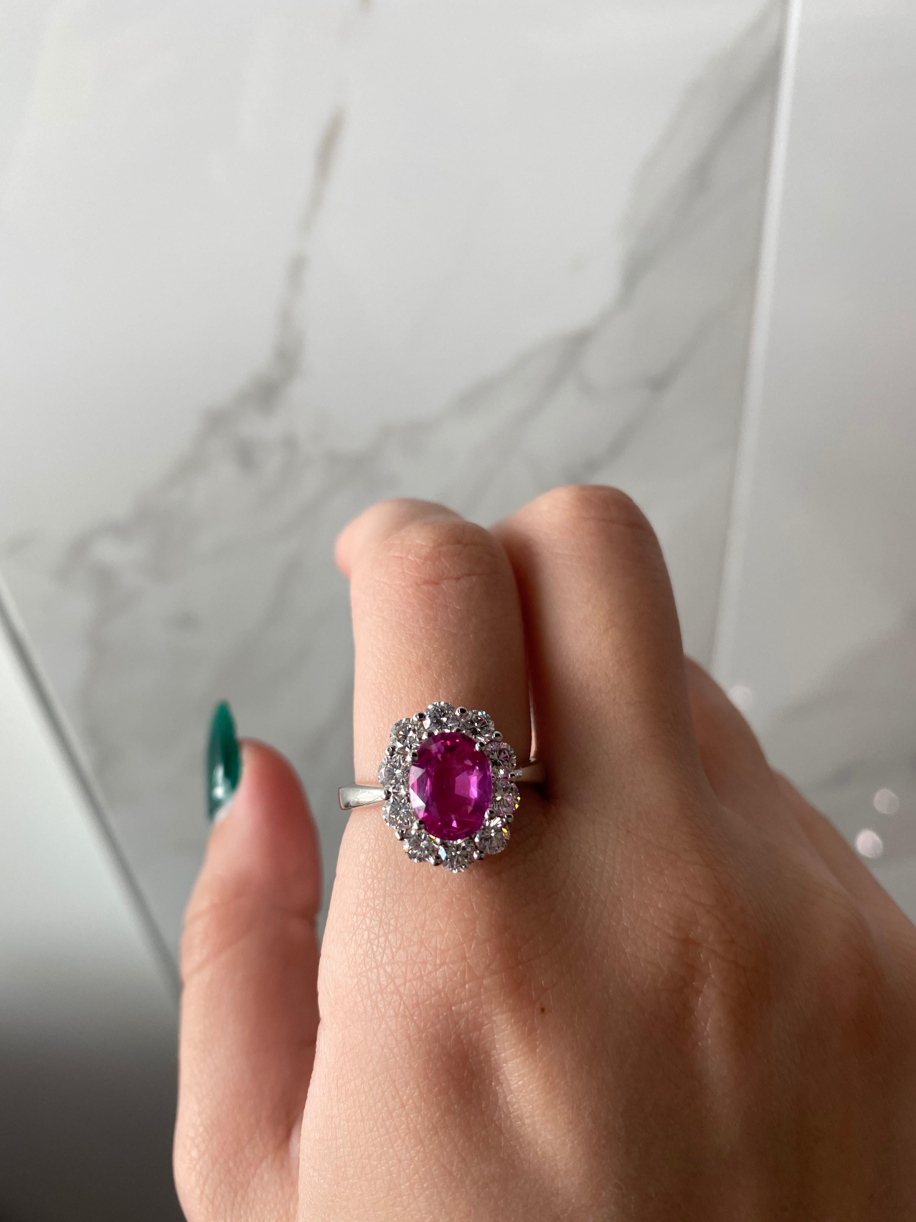 2.20ct Oval Pink Sapphire with 1.17ctw Round Diamond Halo Floral White Gold Ring 3