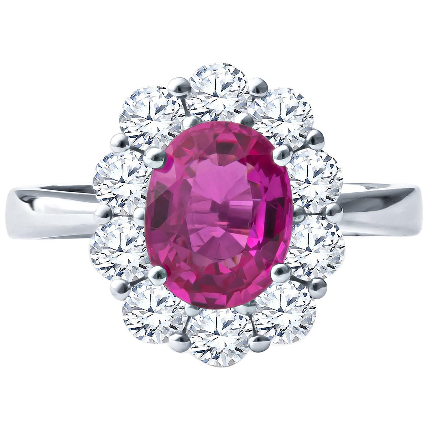 2.20ct Oval Pink Sapphire with 1.17ctw Round Diamond Halo Floral White Gold Ring