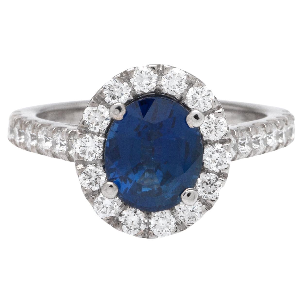 2.20ct Oval Sapphire Ring in 14K White Gold; 1.11ct Side Diamonds For Sale