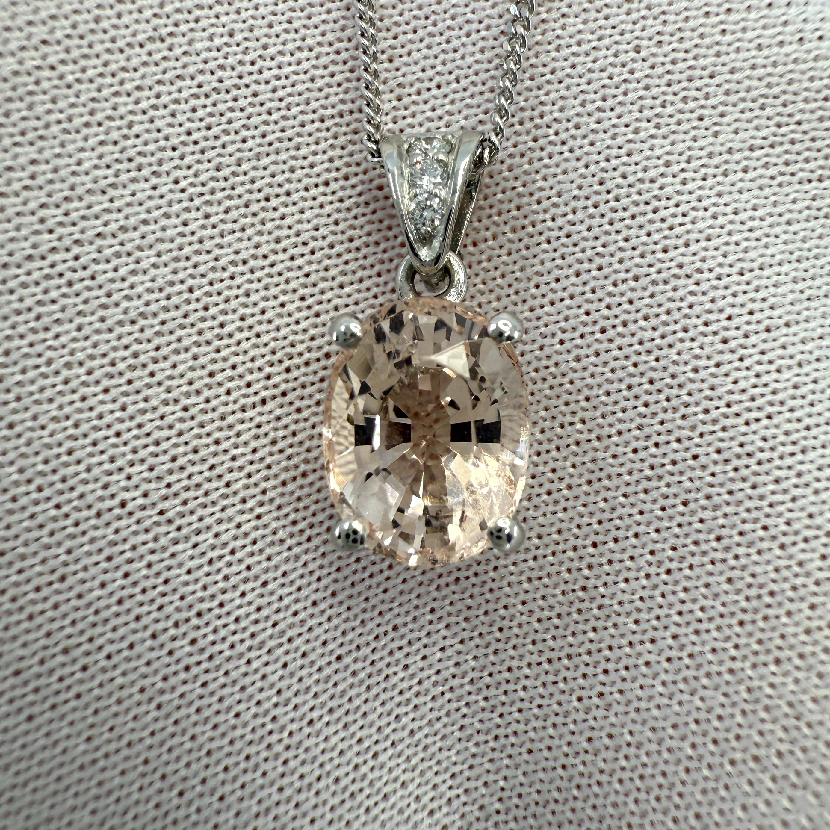 Women's or Men's 2.20ct Peach Orange Pink Morganite & Diamond Platinum Oval Cut Solitaire Pendant