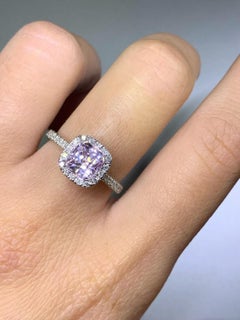 2.20ct Pink sapphire diamond halo cuhsion engagement ring 18ct white gold.