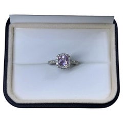 2.20ct Pink sapphire diamond halo cuhsion engagement ring 18ct white gold.
