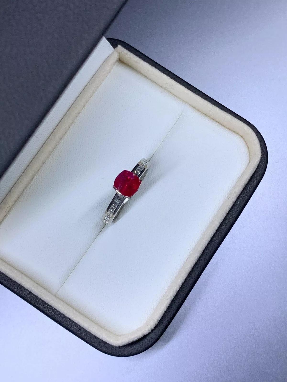 Cushion Cut 2.20ct Ruby and baguette diamond engagement ring in platinum. For Sale