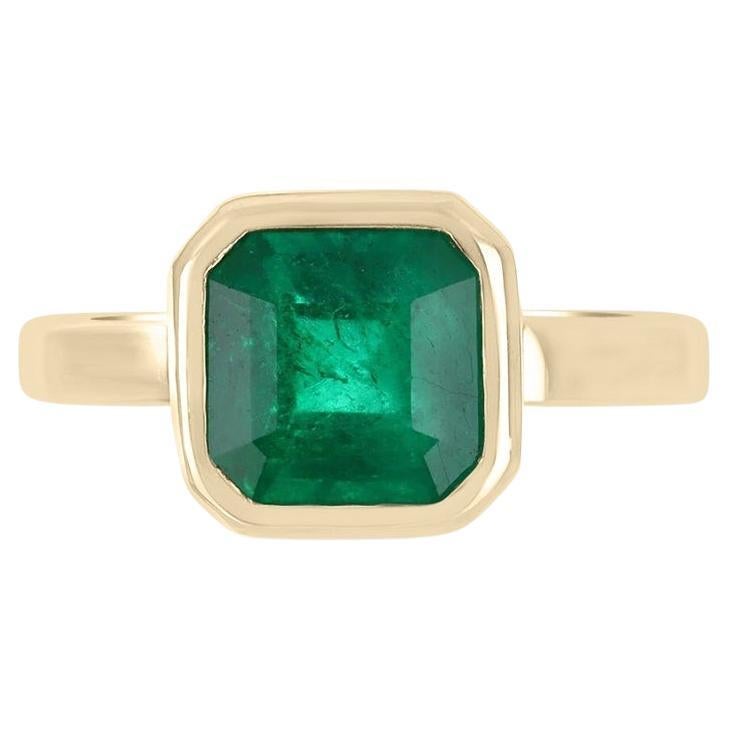 2.20cts Asscher Cut Bezel Set Emerald Solitaire Ring 14K, Emerald Ring 14K