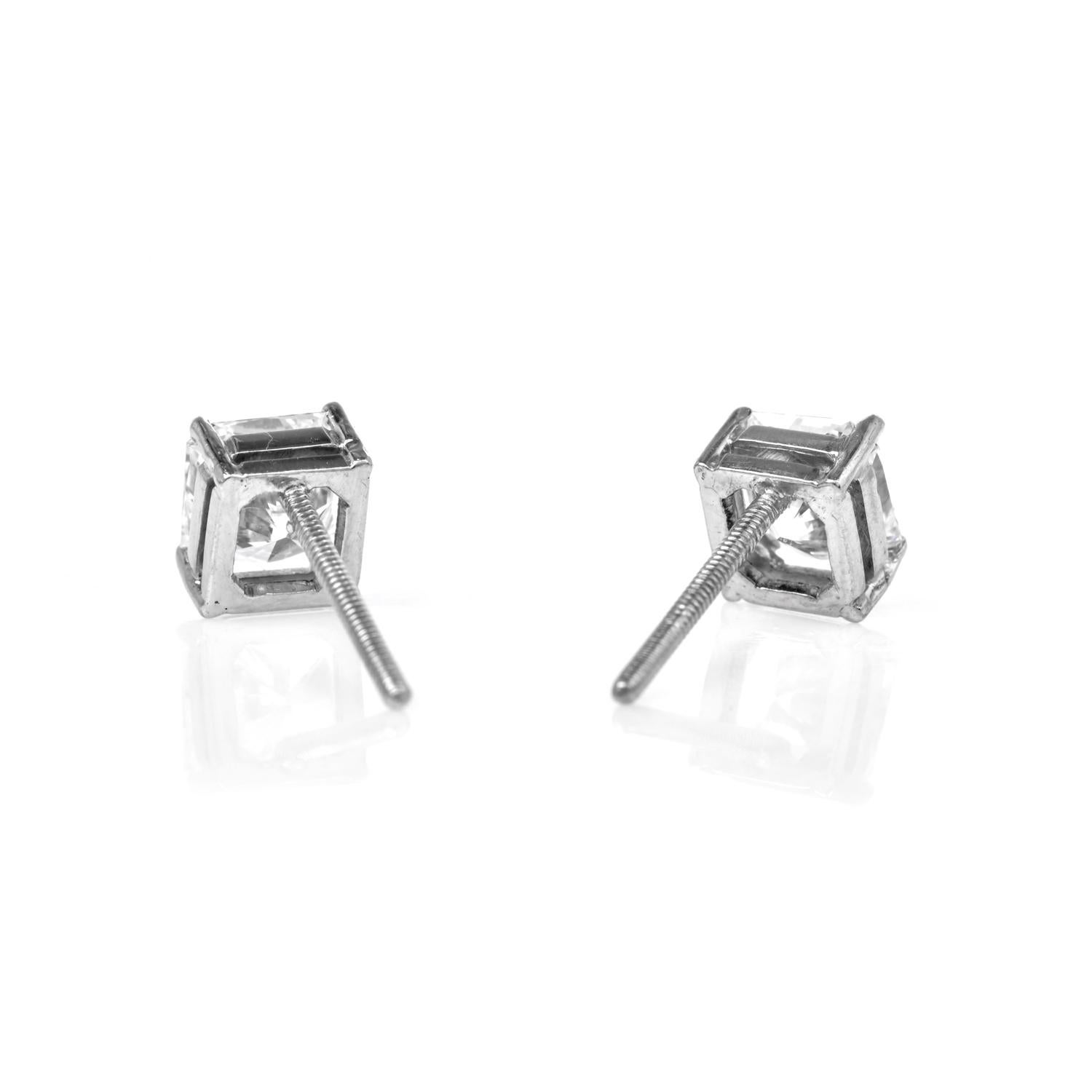 Natural Cut-Cornered Square Modified Brilliant diamond prong set in 14K white gold stud earrings. Secured with Screw Backs for Pierced Ears.
Metal: 14K White Gold

GIA Report:
#7235209278: 1.04 F-VVS2
#2239209267: 1.09 E-VS1

Measurements: 6.5mm x