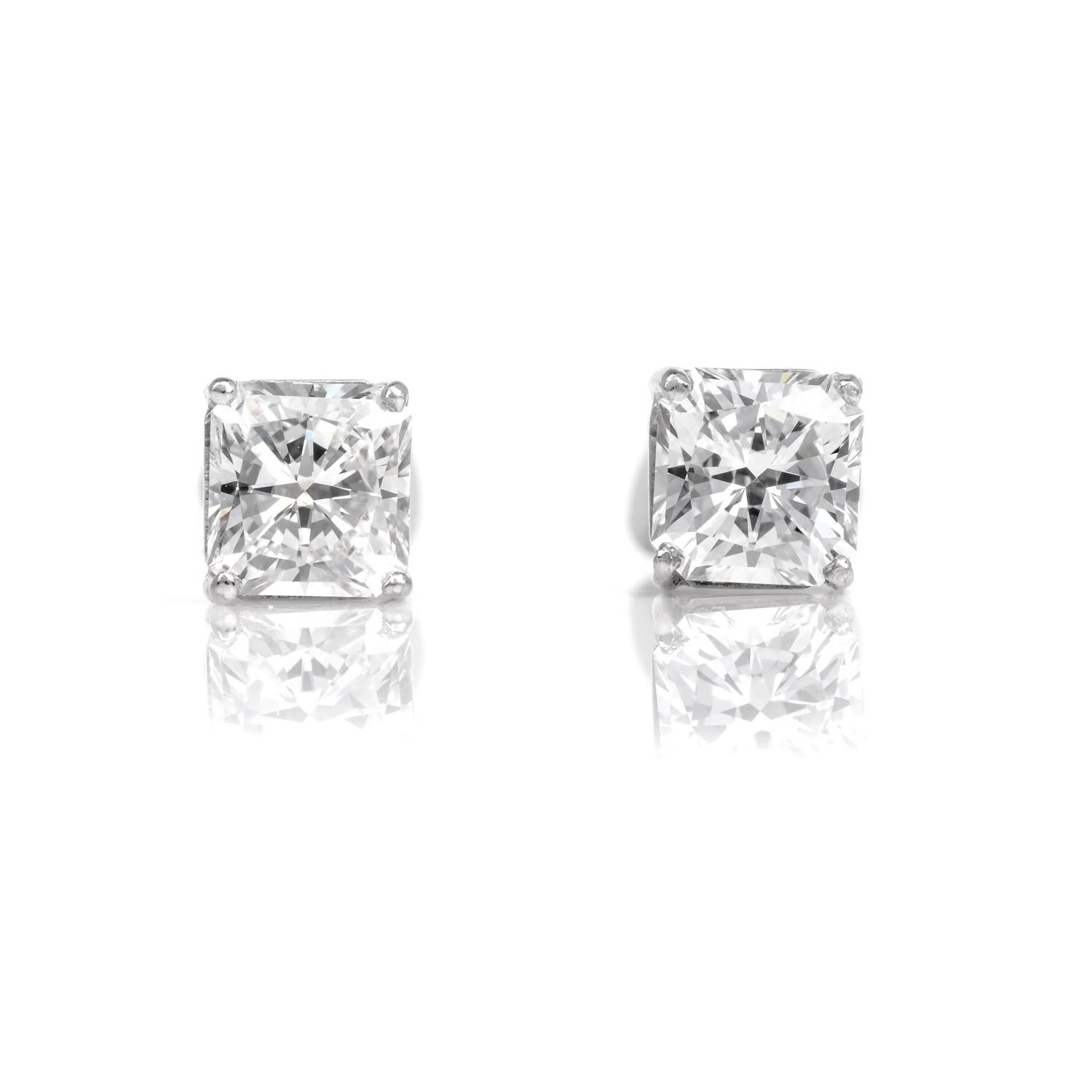 Cushion Cut GIA 2.13cttw Square Brilliant Diamond 14K Gold Stud Earrings For Sale