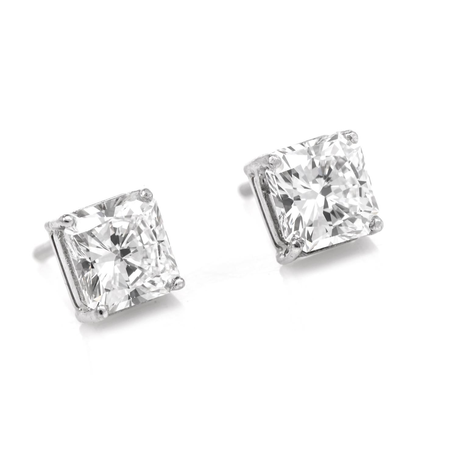 GIA 2.13cttw Square Brilliant Diamond 14K Gold Stud Earrings For Sale 1