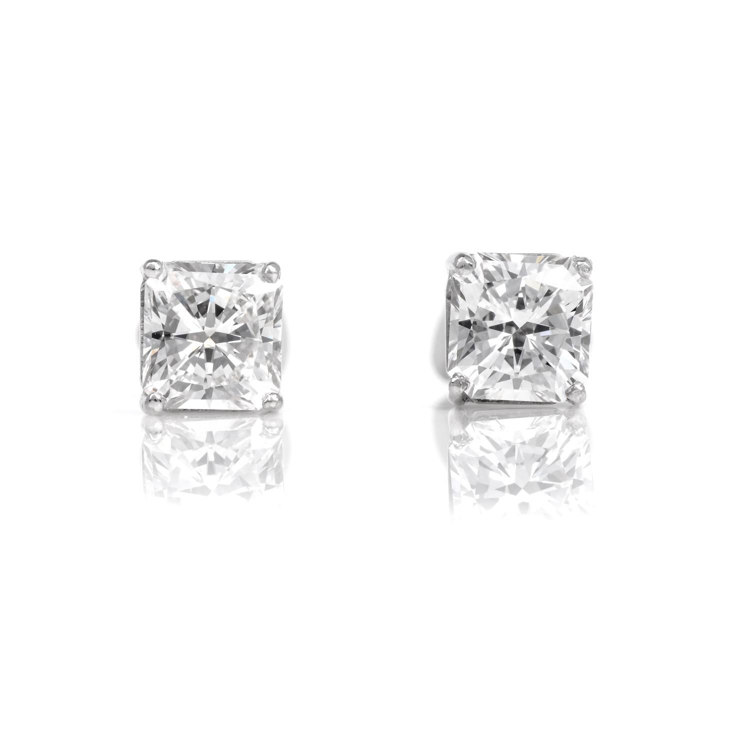 GIA 2.13cttw Square Brilliant Diamond 14K Gold Stud Earrings For Sale