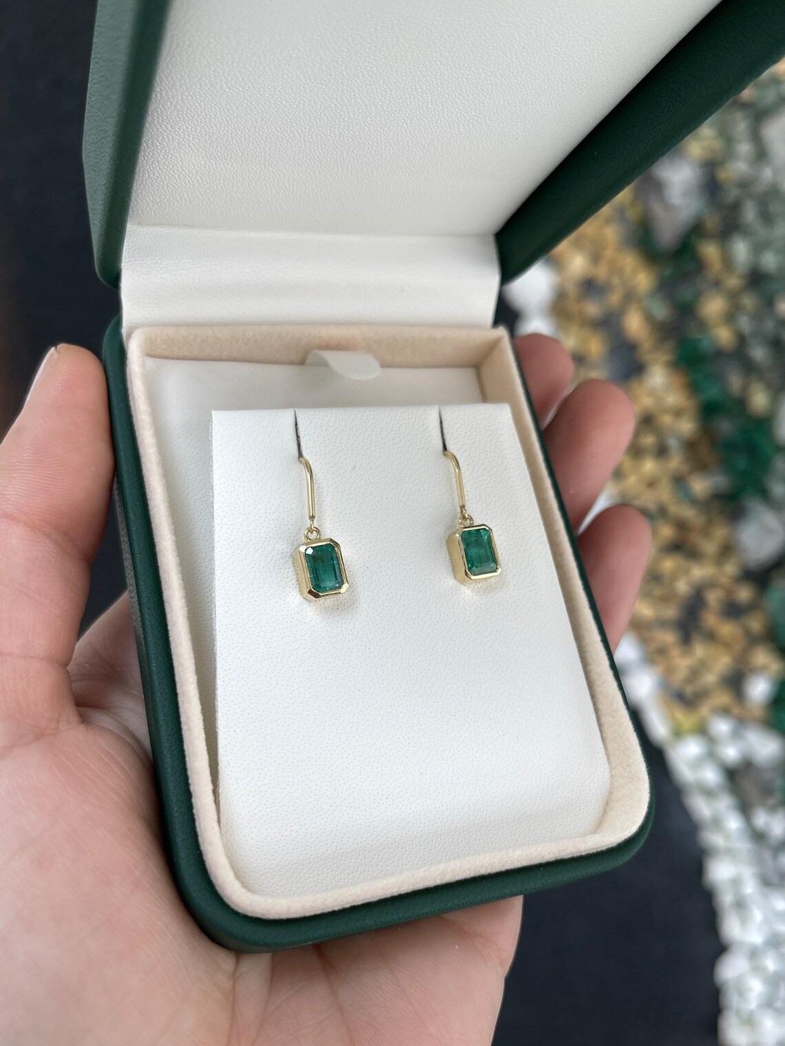 Women's 2.20tcw 14K Classic Emerald Cut Emerald Bezel Set Gold Dangle Earrings For Sale